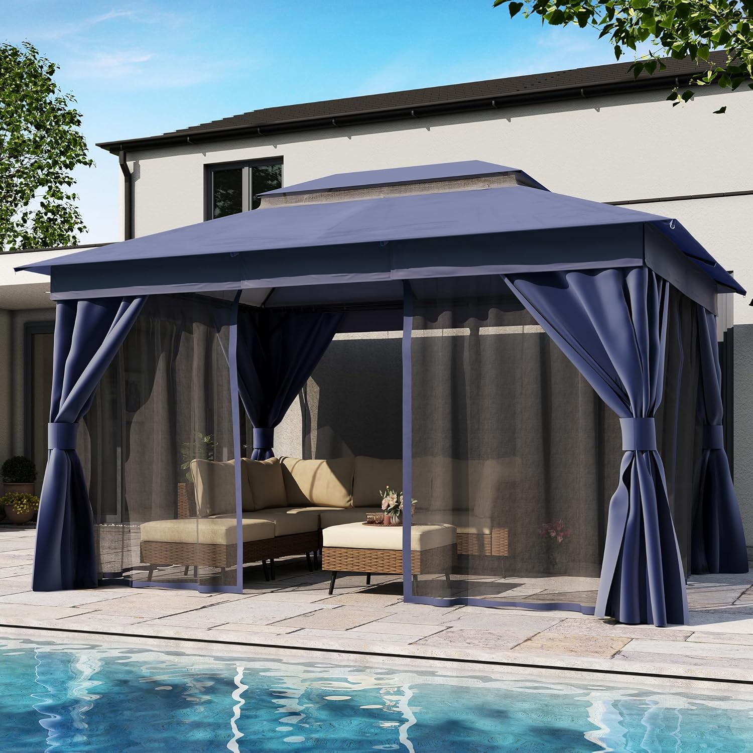 Tente pavillon d'extérieur améliorée à double toit, auvent imperméable UV50+ avec filet et crochets