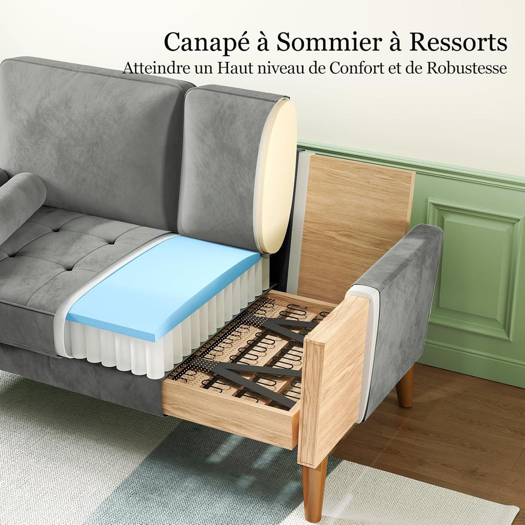 Vesgantti Kleine Grijze 2-zitsbank, Fluweelbank 121 cm met verende kussens, Mini-slaapkamerbank met armleuningen, Moderne woonkamerbank, Vaste 2-zitsbank, Grijze bank 