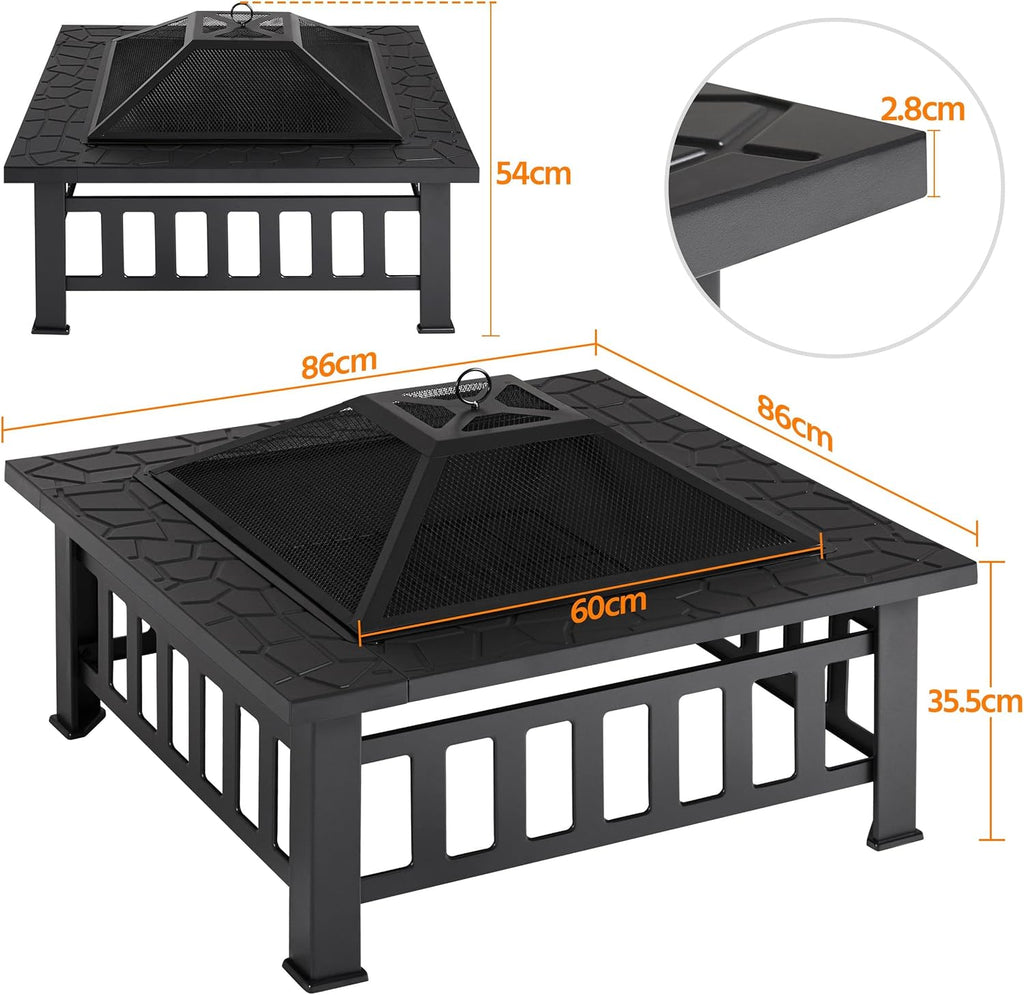 Yaheetech Outdoor 3-in-1 Vierkante Multifunctionele Vuurkorf 81 x 81 x 50 cm voor Terras, Balkon, Houtkachels met Pokergaasafdekking Zwart 