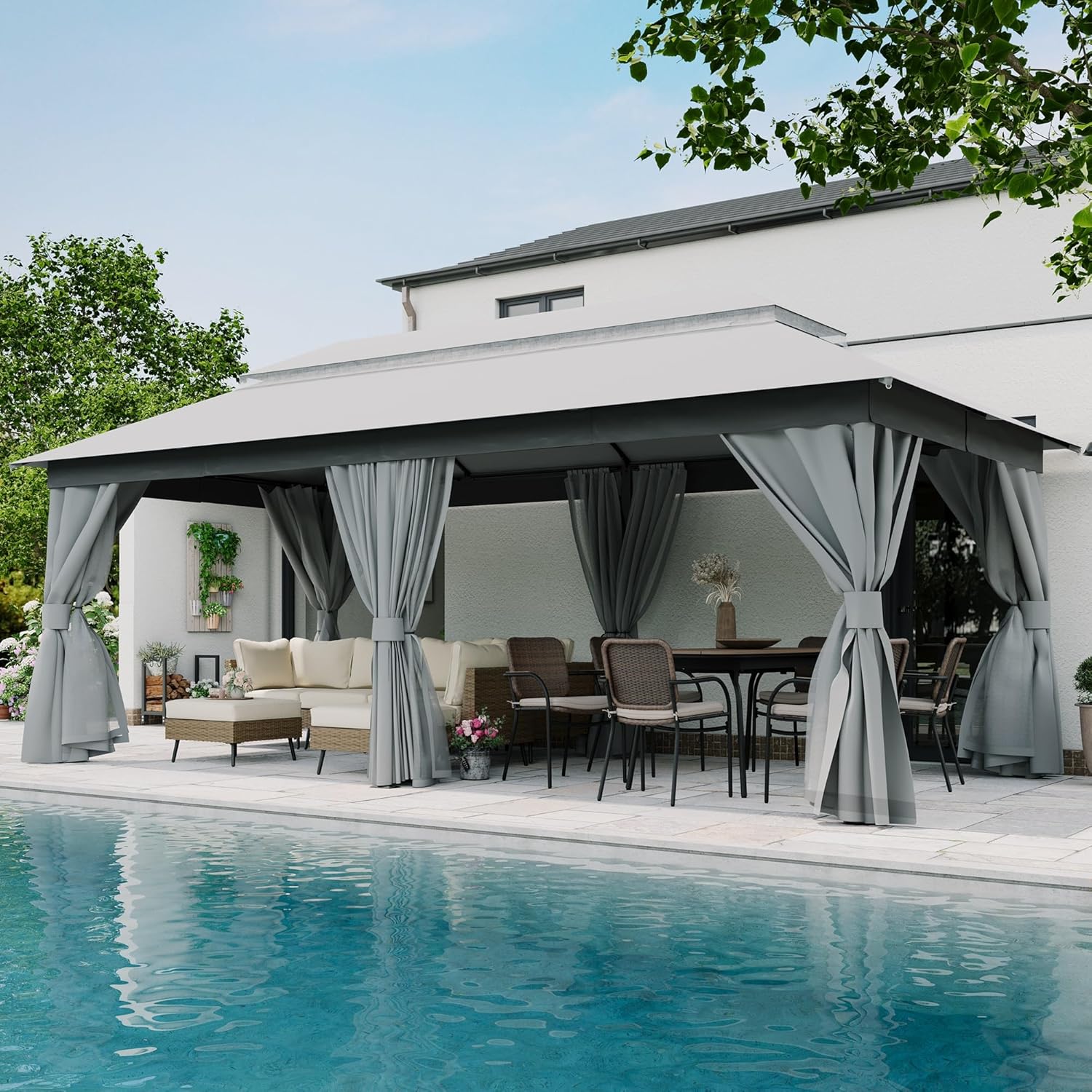 Tente pavillon d'extérieur améliorée à double toit, auvent imperméable UV50+ avec filet et crochets