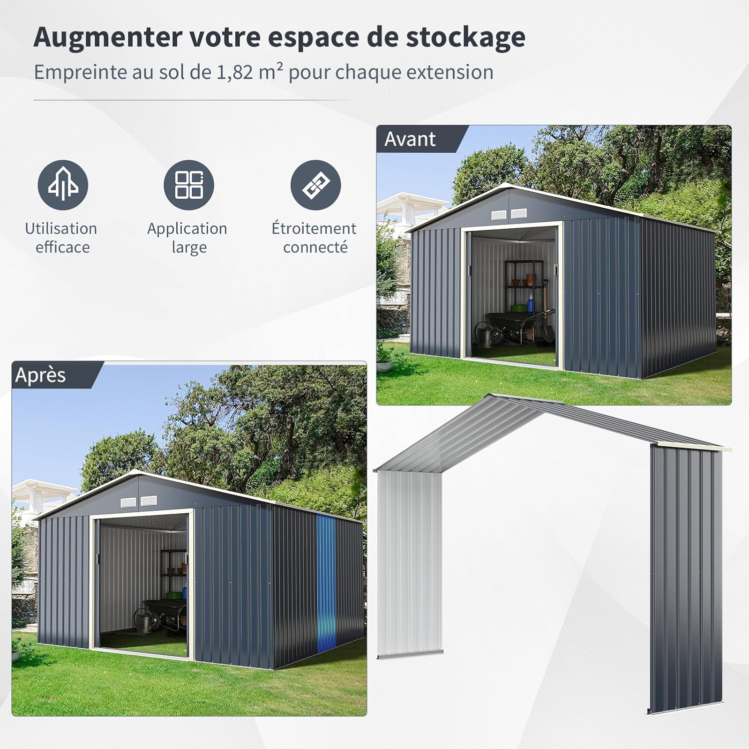 Abri de jardin en métal Costway + 1 kit d'extension avec 2 portes coulissantes verrouillables, 4 trous de ventilation, toit incliné pour vélo