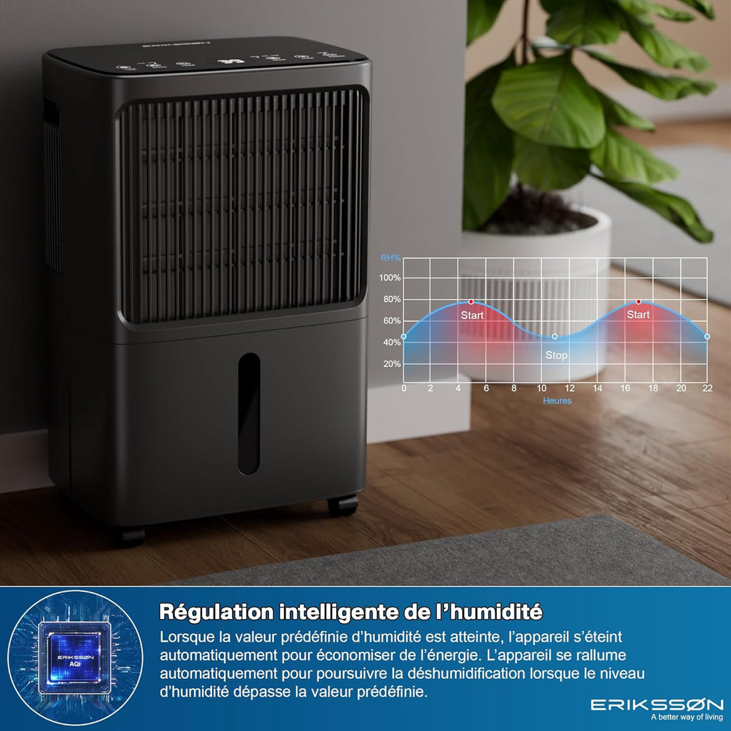 Déshumidificateur 16 litres/24 heures taille de la pièce : environ 140 m3 (70 m2), affichage LED, résistant à l'humidité  avec minuterie, économie d'énergie, avec capteur d'humidité (blanc)