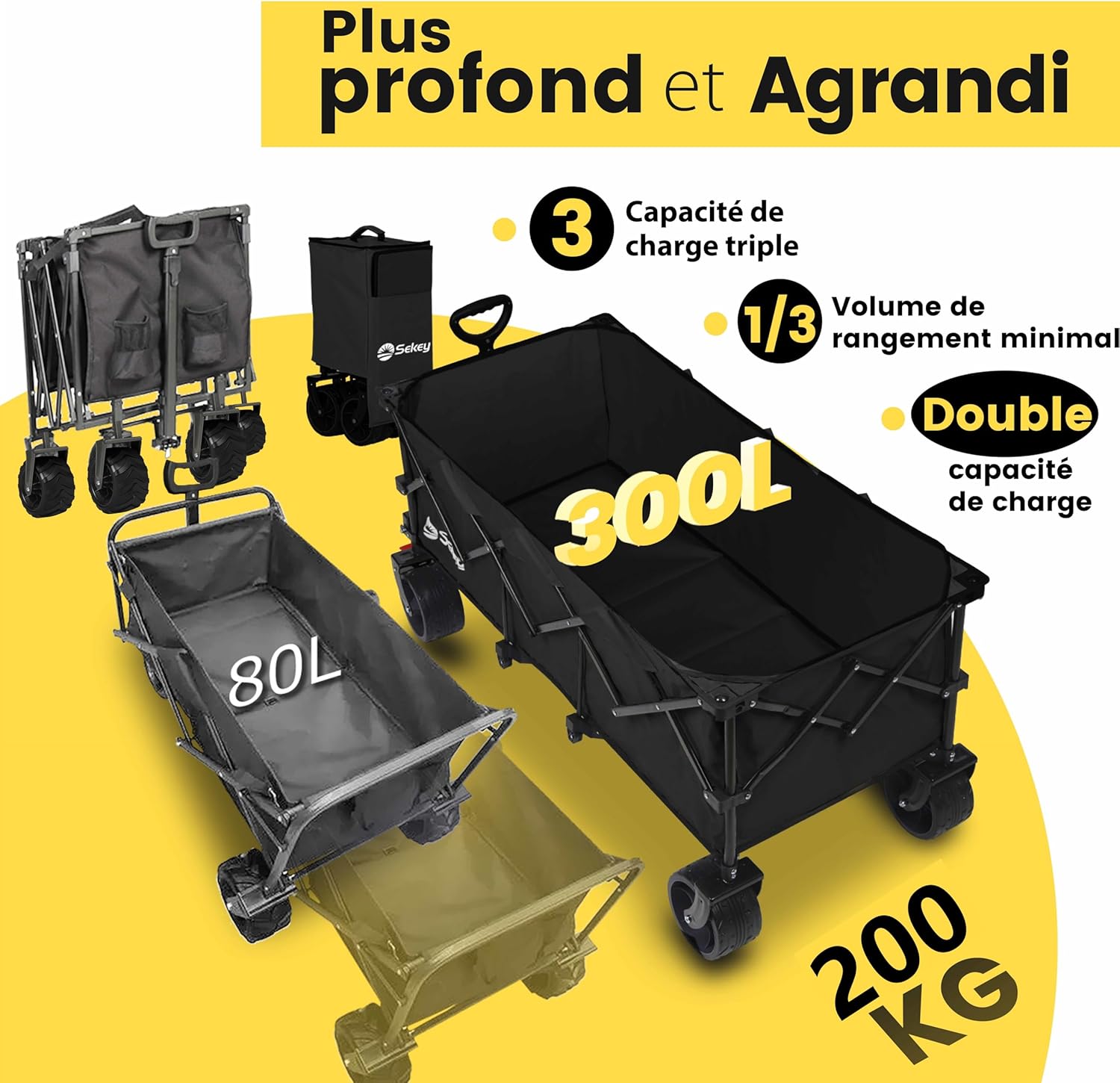Sekey XXXL opvouwbare transporttrolley met remmen 300L 200 kg, strand- en tuintrolley met extra grote wielen 17 x 10 cm, gepatenteerd opvouwbaar in vier richtingen SE4013, diepzwart 