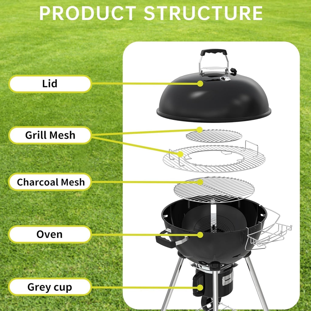 TEENO Houtskoolbarbecue, XXL kookrooster, anti-verbrandingshandschoenen, thermometer, aslade, verstelbare ventilatieopening, grote houtskoolbarbecue (basismodel) 