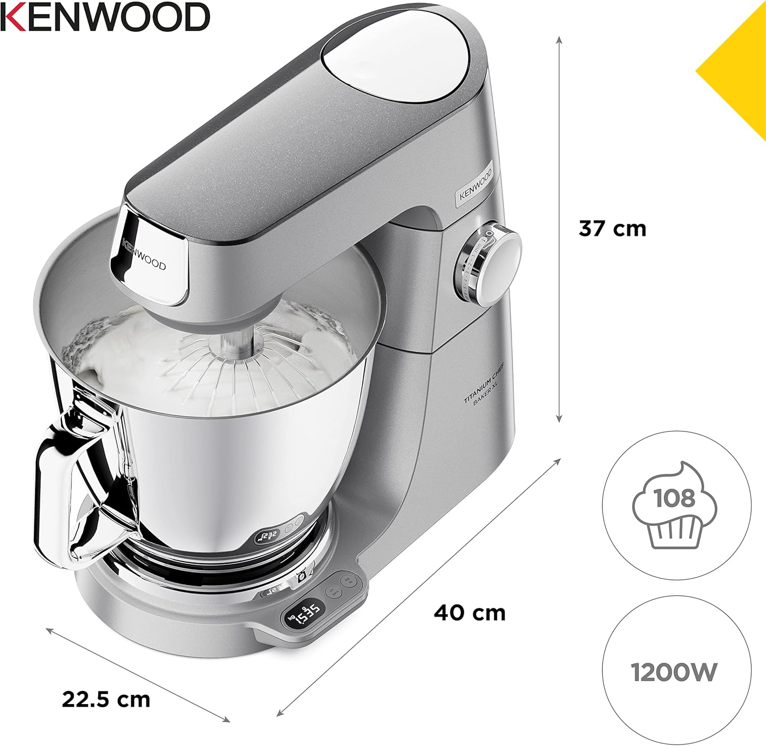 Kenwood Titanium Chef Baker KVC85.004SI Patisserie Processor met geïntegreerde weegschaal, inclusief 3-delige deegset, mengkom van 5 liter en 3,5 liter, progressieve cruisecontrol, 1200 W, zilverkleurig 