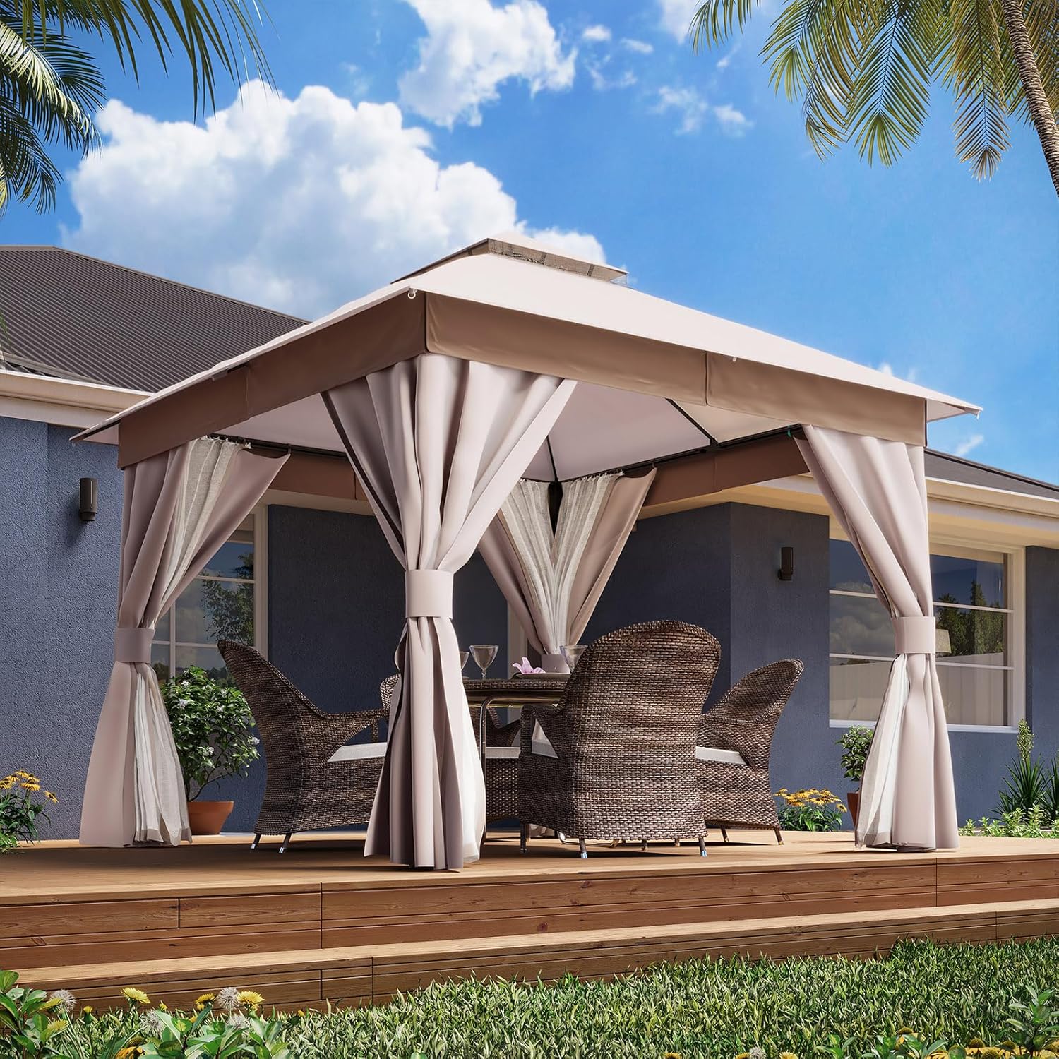 Tente pavillon d'extérieur améliorée à double toit, auvent imperméable UV50+ avec filet et crochets