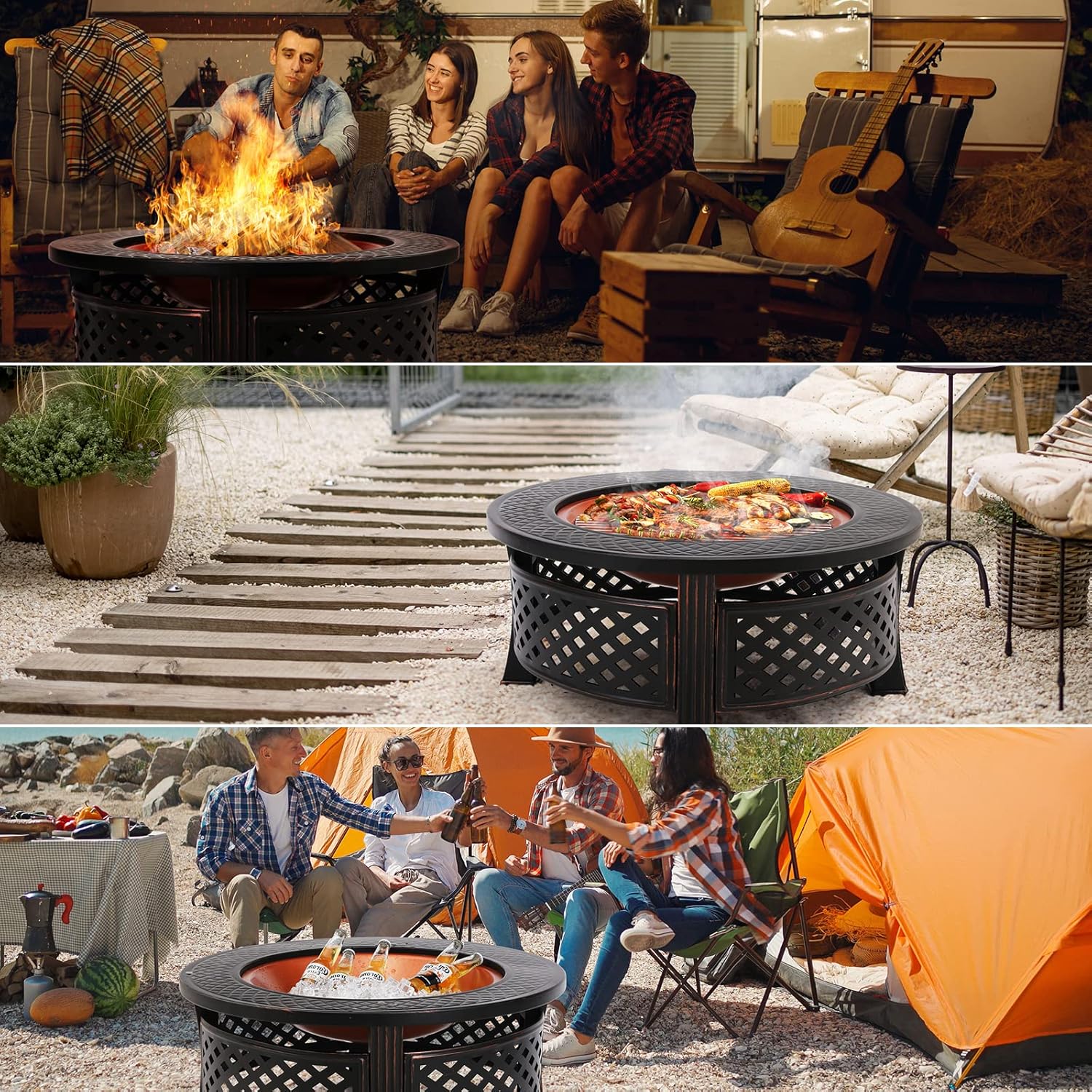 Foyer de barbecue extérieur avec protection, foyer de jardin 3 en 1 chauffé pour l'hiver