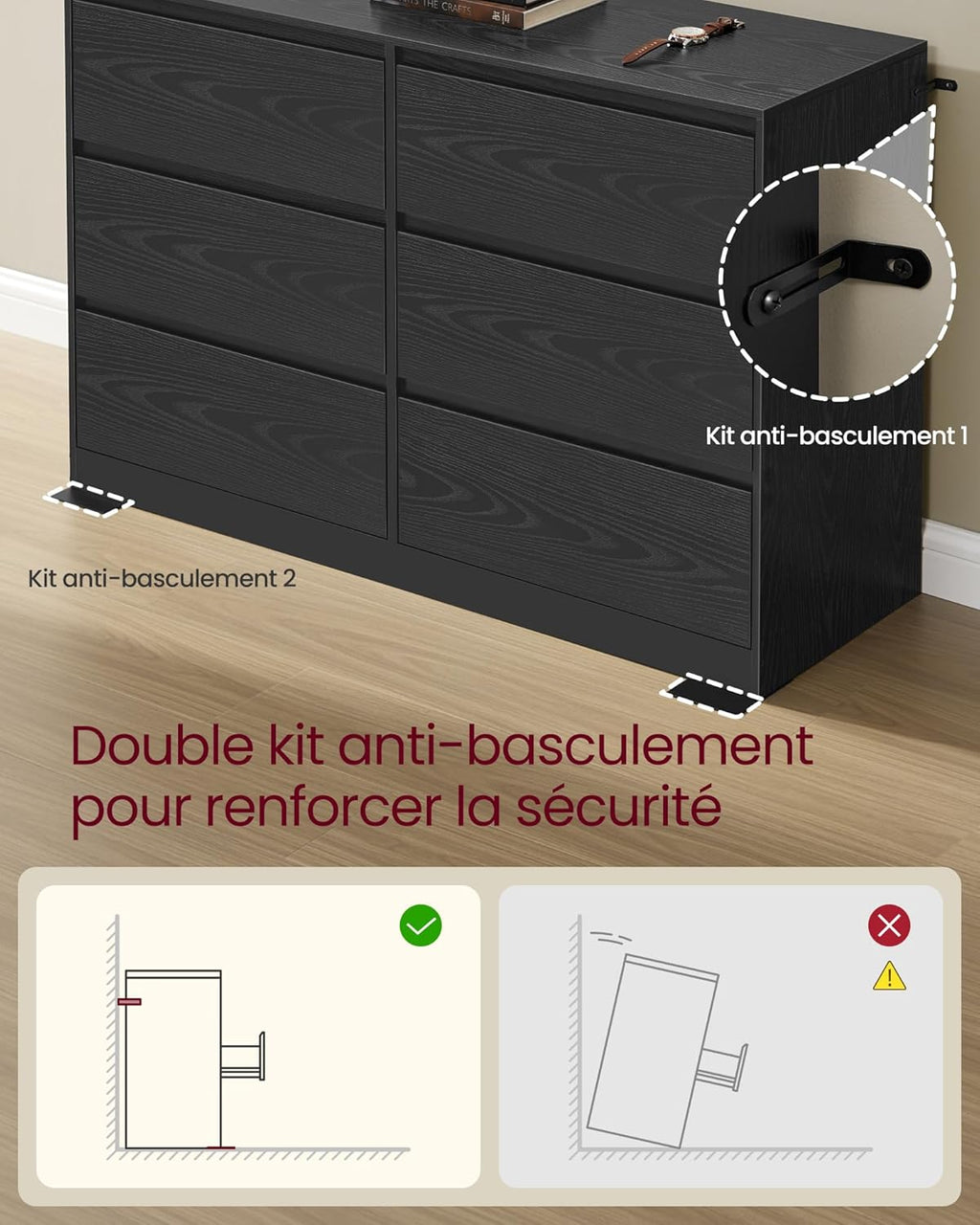 VASAGLE Kailyn Collectie - Slaapkamerkast met 6 lades, opbergkast, kleding, 40 x 119,5 x 75 cm, moderne stijl, sneeuwwit LTS616W01 