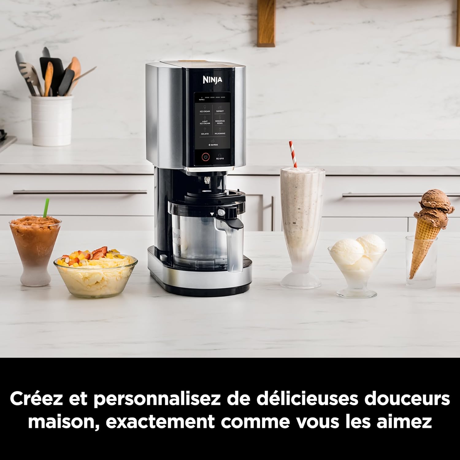 Sorbetière Ninja CREAMi 7 programmes pour glaces sorbets smoothies et milkshakes, noir/argent 1,4 L