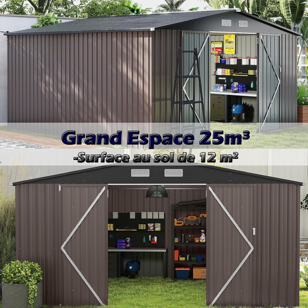 RELAX4LIFE Abri de Jardin en Métal 350x223x197cm, Cabane de Stockage 15m3 8m2 avec 2 Portes, Toit Incliné, Fenêtre de Ventilation pour Vélo Tondeuse, Organisateur Extérieur pour Jardin Patio (15m³)