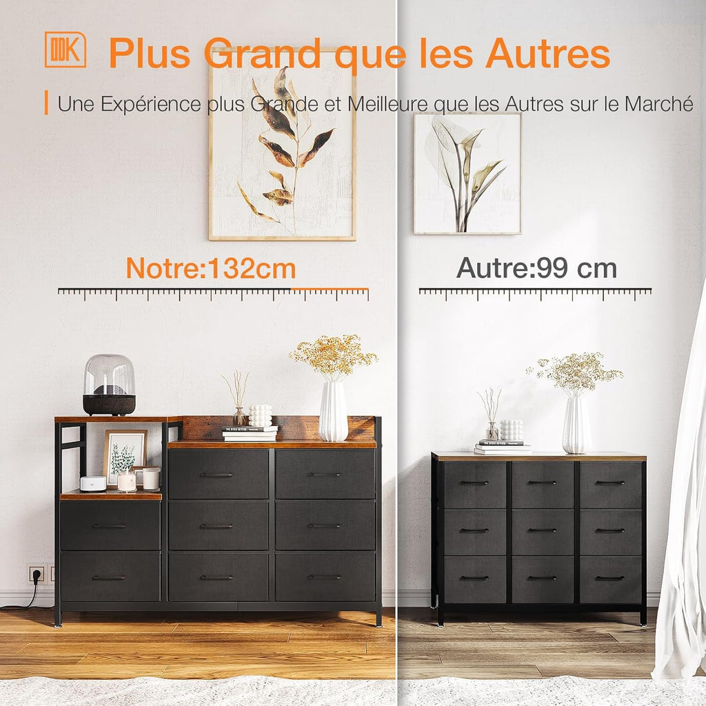 ODK Slaapkamerkast met 2 USB-poorten en 2 stopcontacten, multifunctionele ladekast voor slaapkamer en woonkamer – Stabiel en duurzaam dressoir, 132 x 30 x 88 cm, Vintage en zwart 