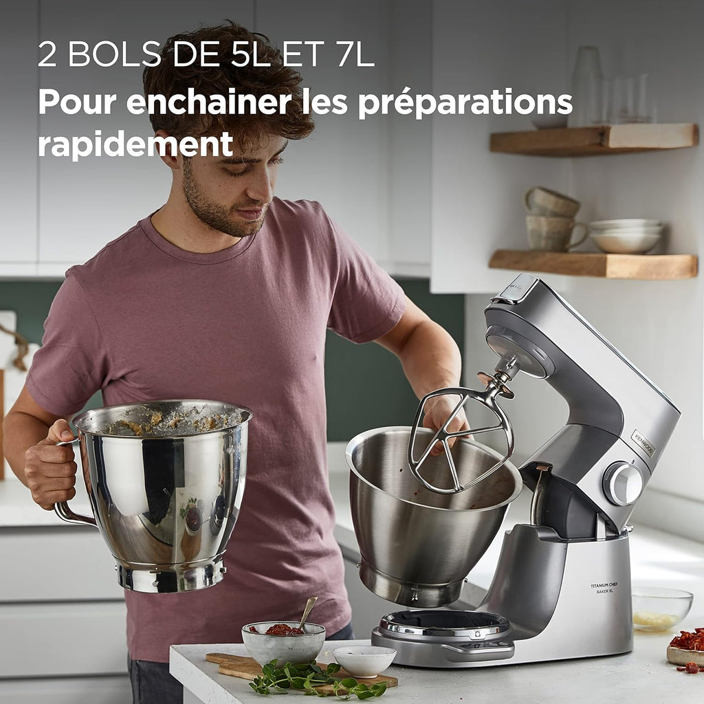 Kenwood Titanium Chef Baker KVC85.004SI Patisserie Processor met geïntegreerde weegschaal, inclusief 3-delige deegset, mengkom van 5 liter en 3,5 liter, progressieve cruisecontrol, 1200 W, zilverkleurig 