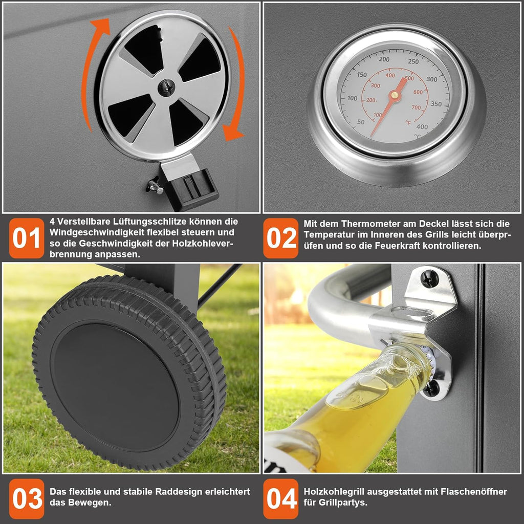 Barbecue Charbon de Bois, Chariot à Barbecue XXL, Grand Barbecue au Charbon de Bois, Grill à Charbon avec Couvercle, 2 Tables d'Appoint, Roues et Thermomètre, BBQ Fumoir, Barbecue de Jardin, Gris