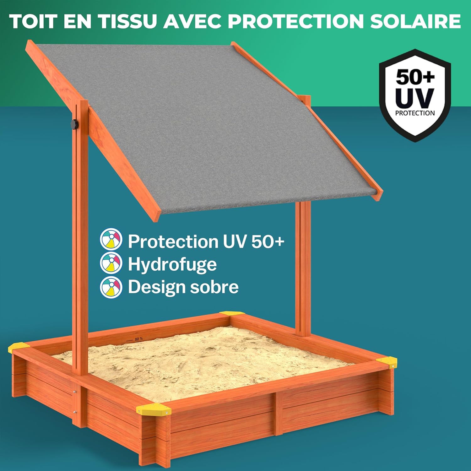 Bac à sable en bois 120 x 120 cm Tapis de sol Toit réglable Protection UV 50+