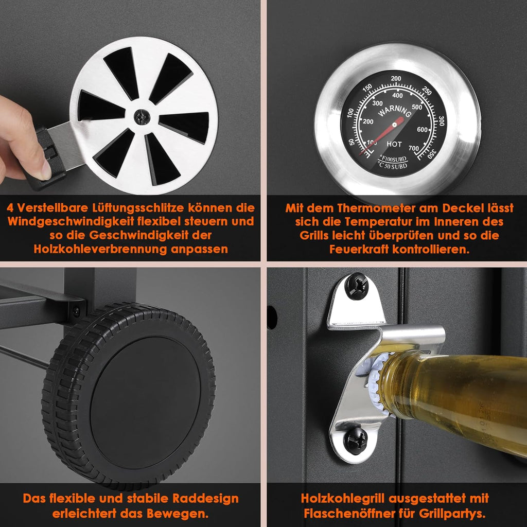 Barbecue Charbon de Bois, Chariot à Barbecue XXL, Grand Barbecue au Charbon de Bois, Grill à Charbon avec Couvercle, 2 Tables d'Appoint, Roues et Thermomètre, BBQ Fumoir, Barbecue de Jardin, Gris