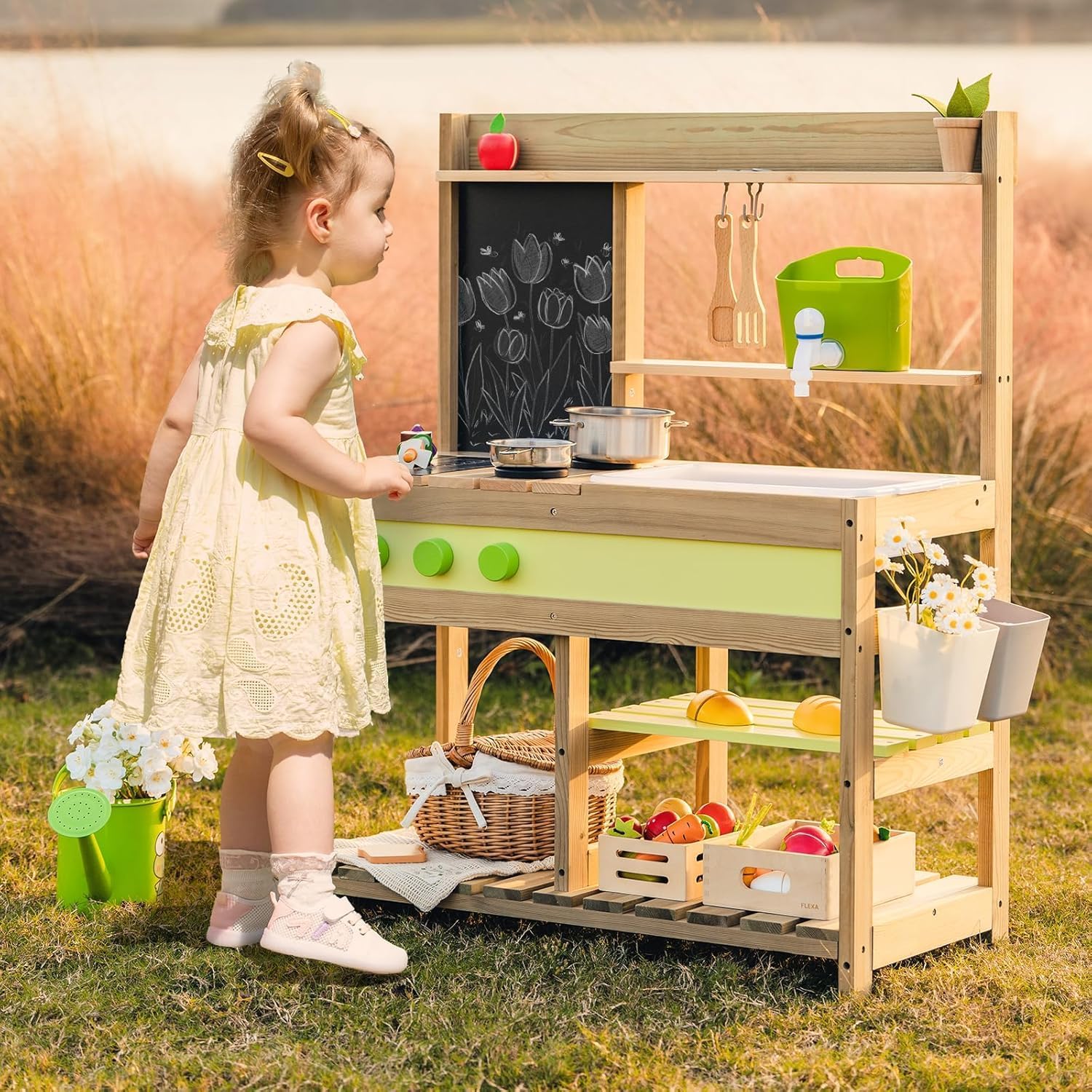 Cuisine extérieure pour enfants, cuisine en bois de luxe pour garçons et filles de 3 à 8 ans, pour jouer à l'intérieur et à l'extérieur, avec évier, casseroles et poêles et accessoires de cuisine