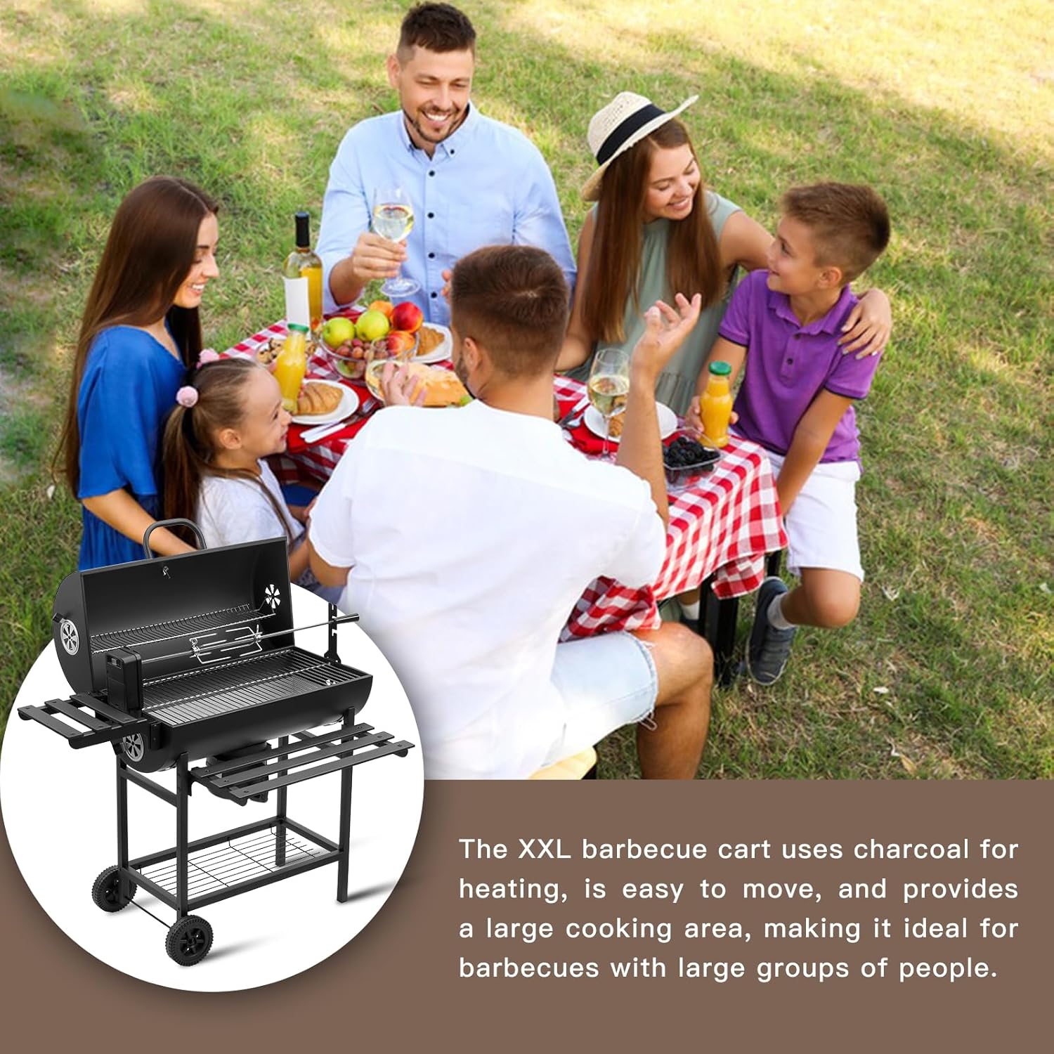 TEENO Houtskoolbarbecue, XXL kookrooster, anti-verbrandingshandschoenen, thermometer, aslade, verstelbare ventilatieopening, grote houtskoolbarbecue (basismodel) 