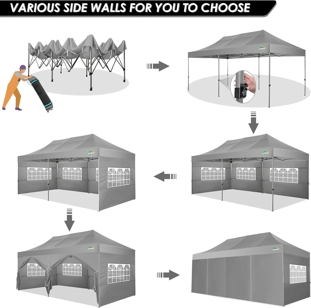 Tente pop-up robuste COBIZI 10x20 avec 6 parois latérales, facile à installer