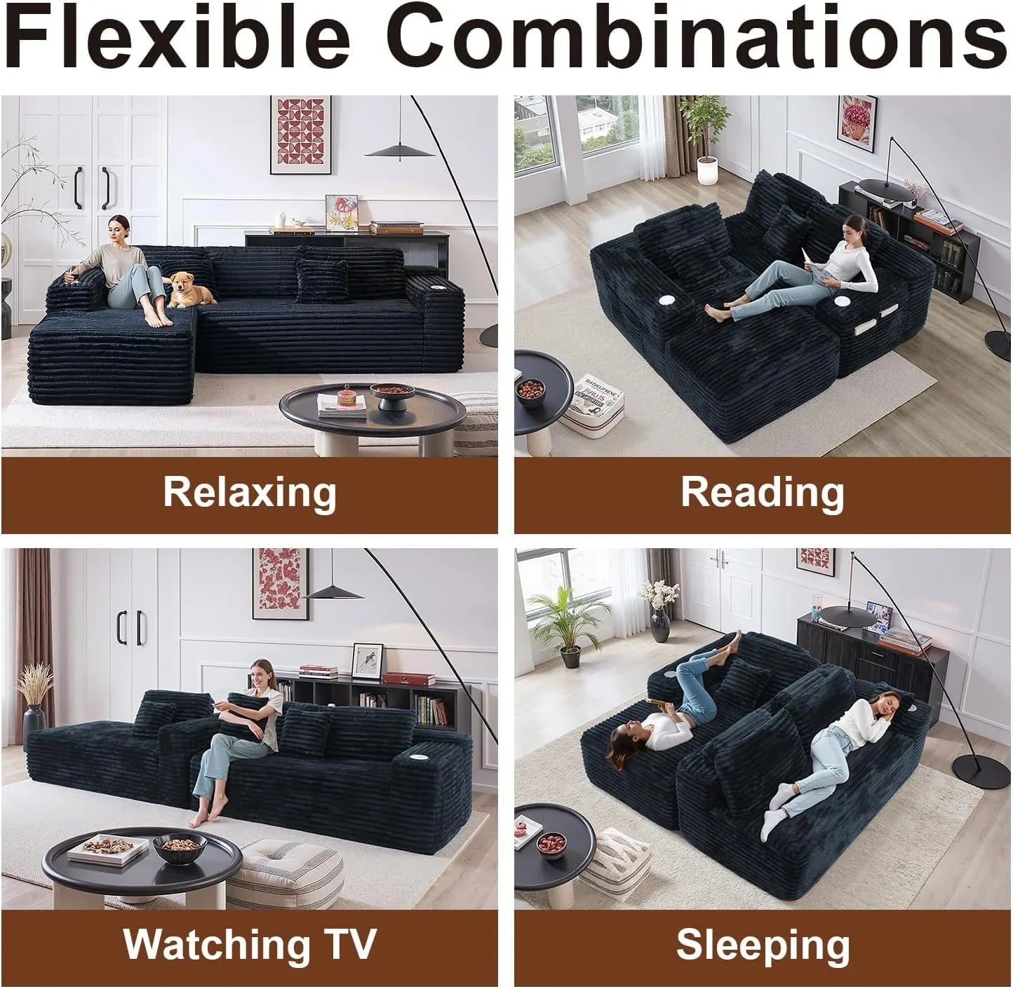 Cloud section sofa with L-shaped recliner, modern modular sofa, built-in cup holder