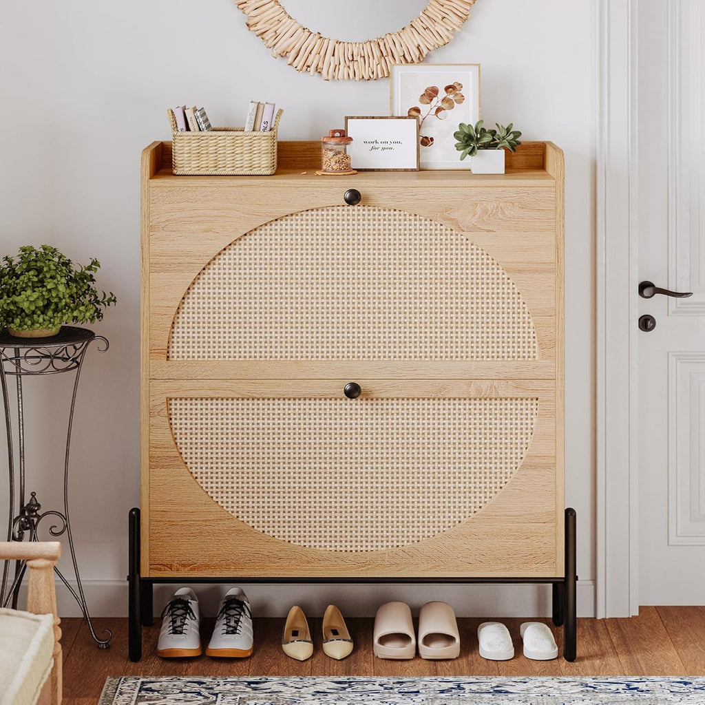 Meuble à chaussures IRONCK avec 2 tiroirs rabattables, meuble de rangement à chaussures indépendant en bois