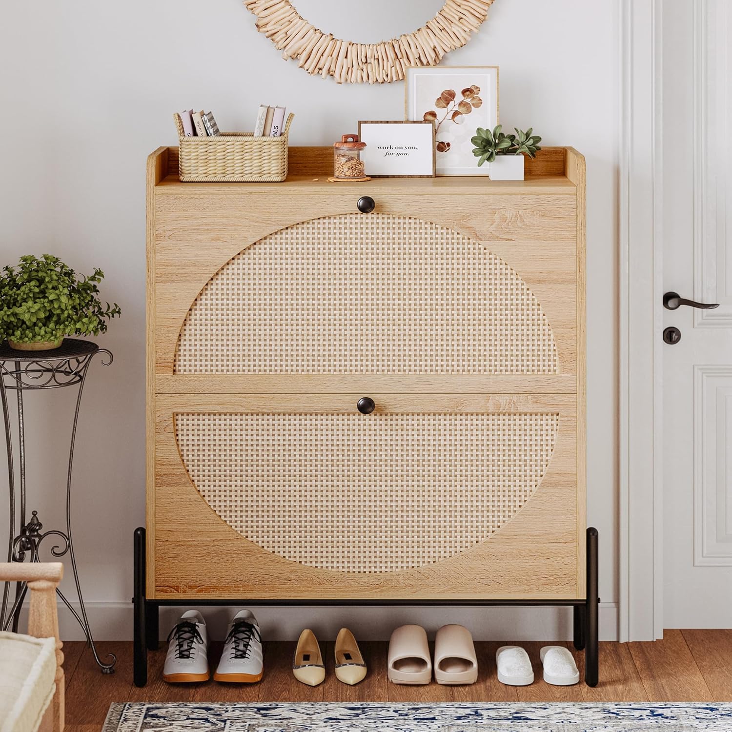 Meuble à chaussures IRONCK avec 2 tiroirs rabattables, meuble de rangement à chaussures indépendant en bois