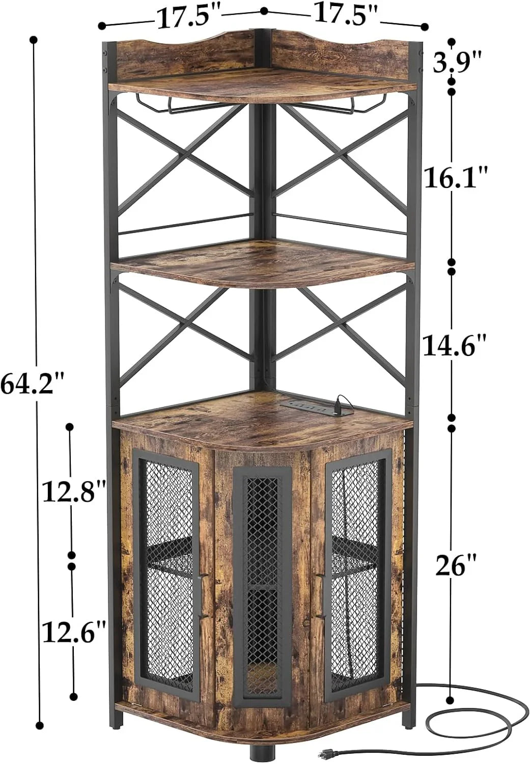 Meuble bar d'angle avec prise de courant, armoire à vin de style industriel avec bande lumineuse LED et support à verres, meuble bar à vin à cinq niveaux pour la maison, vitrine d'angle pour petit espace