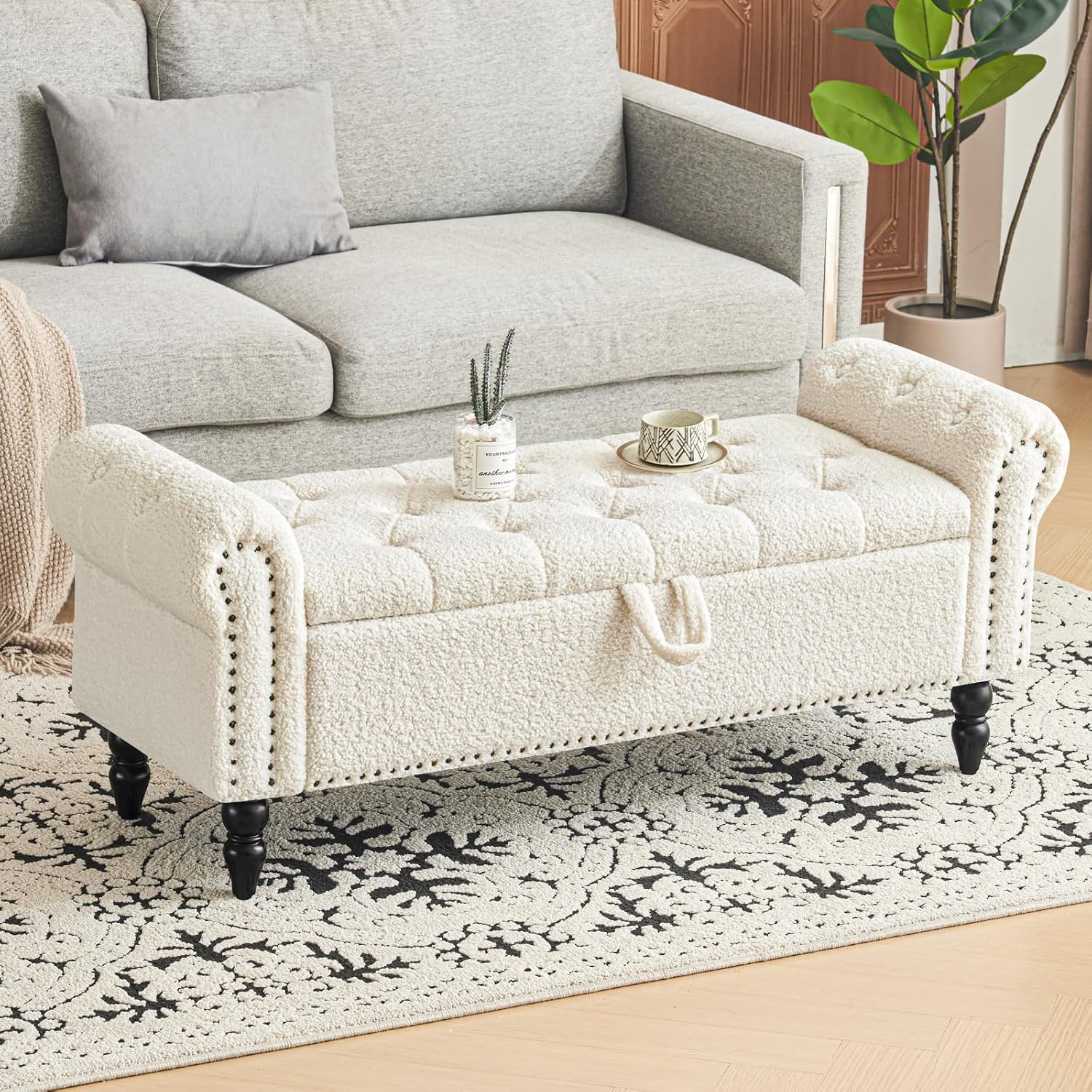 Tabouret de rangement moderne Furniliving, tabouret de bout de lit en bois massif Sherpa, tabouret rembourré tabouret d'intérieur