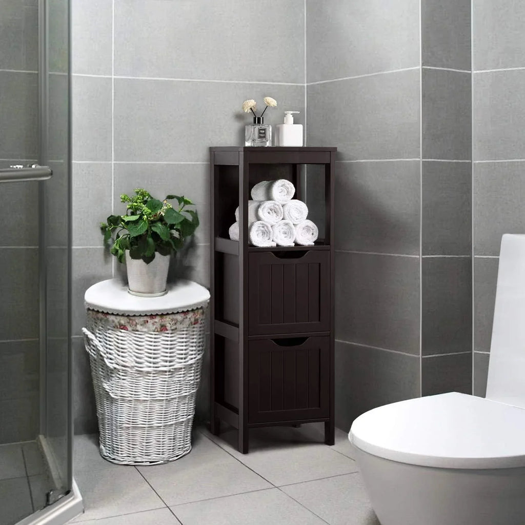 Meuble de salle de bain au sol, meuble de rangement en bois avec 2 tiroirs, support de rangement latéral multifonctionnel