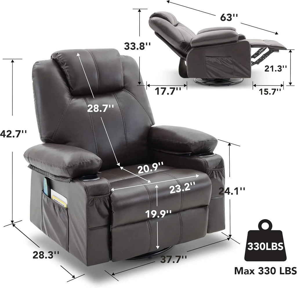 Grand fauteuil inclinable pivotant à bascule avec fonction chauffage et massage, canapé simple pivotant à 360 degrés