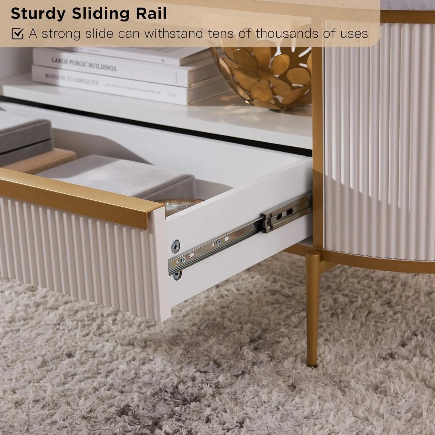 Table basse ovale de luxe moderne rainurée OKD, 48 pouces, avec tiroirs, plateau en imitation marbre