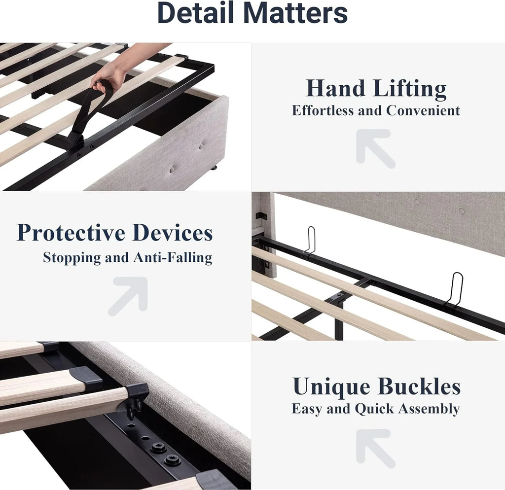 Lit queen-size relevable avec rangement Allewie, tête de lit à oreilles moderne et support hydraulique
