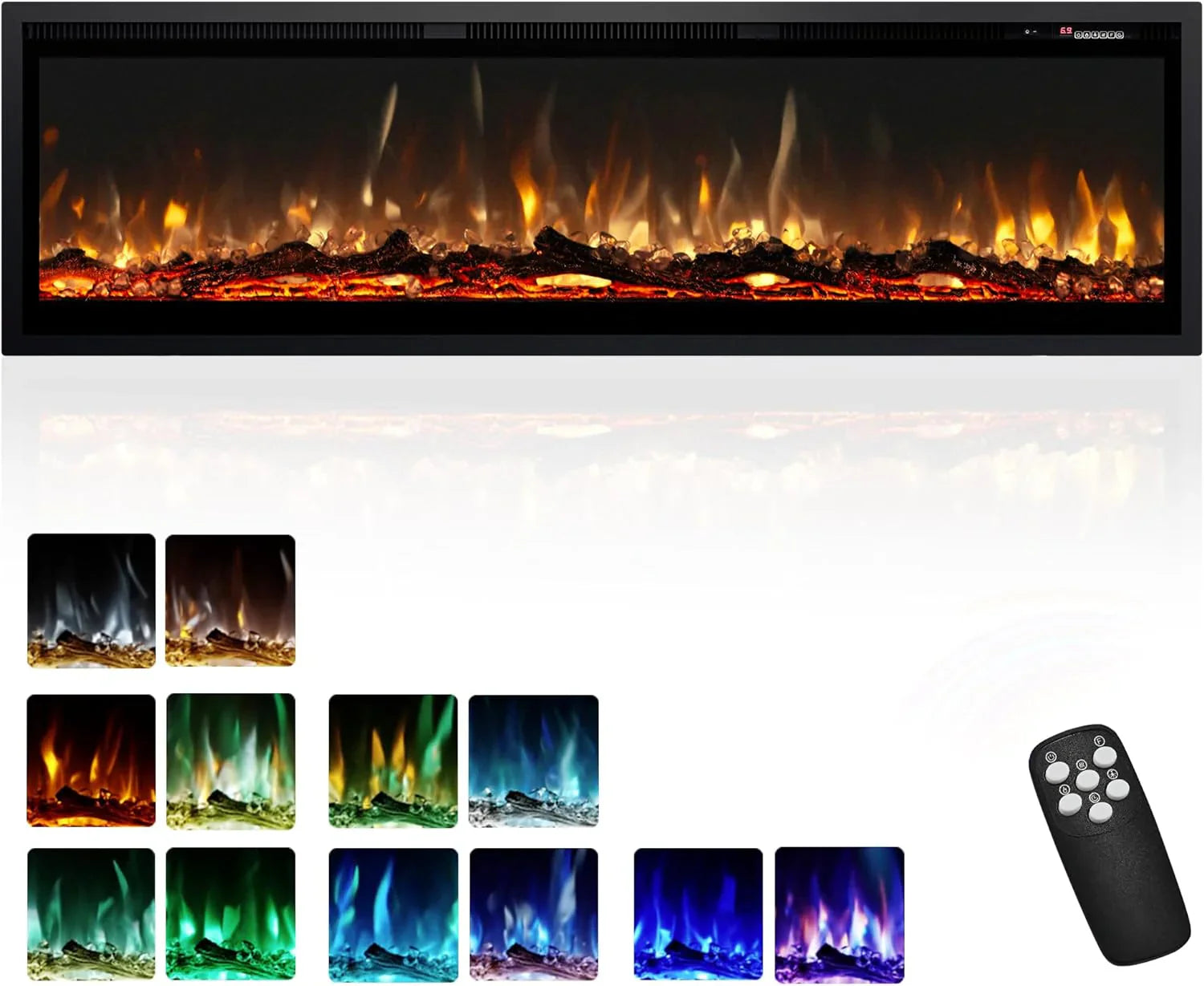 EUHOMY Cheminée électrique encastrée et murale de 50 pouces avec couleur de flamme réglable, chauffage de cheminée avec télécommande, cheminée linéaire avec minuterie, écran tactile, bûche et cristal, 750/1500 W