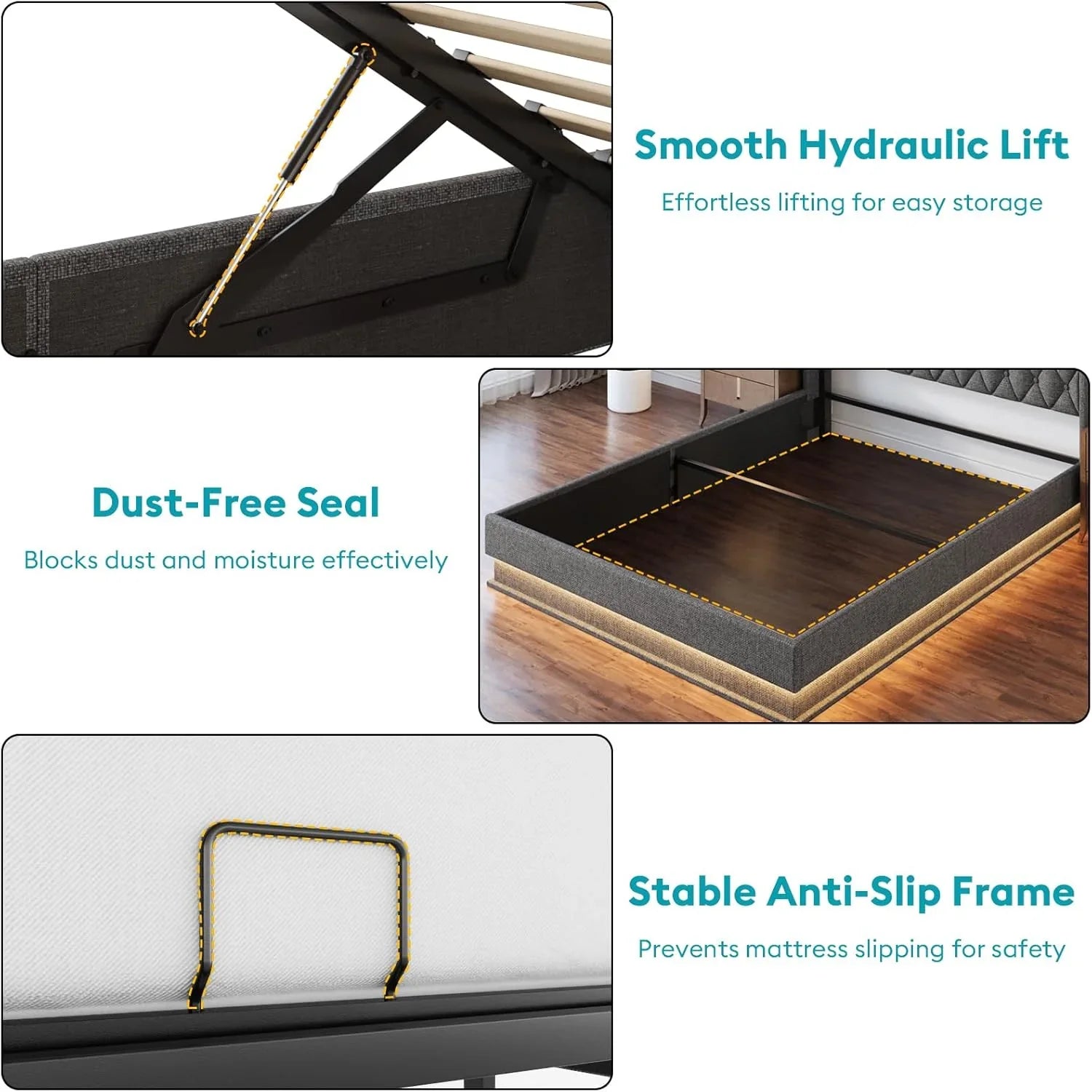 Cadre de lit Queen size avec rangement, hydraulique, sans sommier, lattes en bois