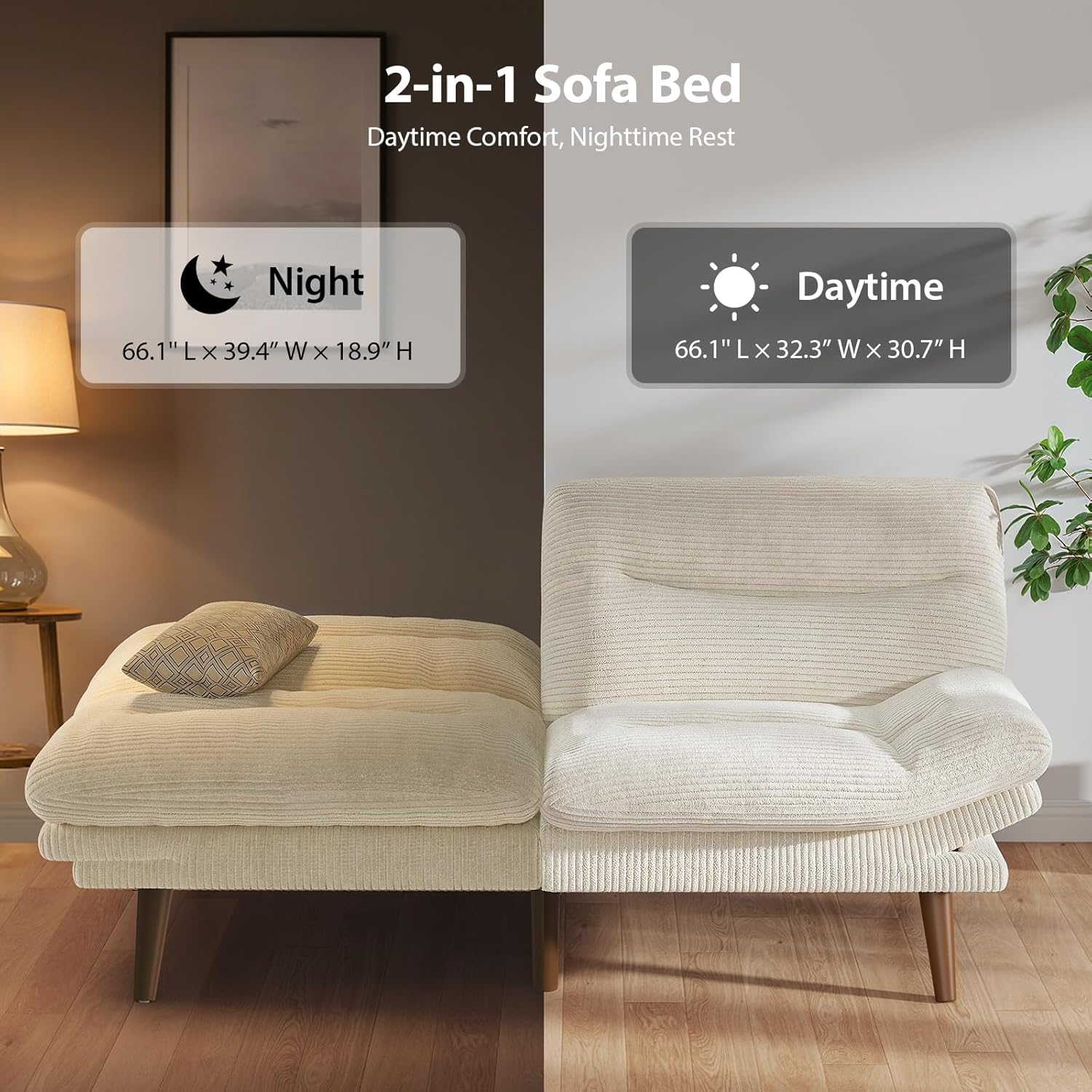 Canapé-lit futon convertible, canapé-lit futon inclinable en velours côtelé de 66 pouces pour petits espaces, salles de jeux ou bureaux