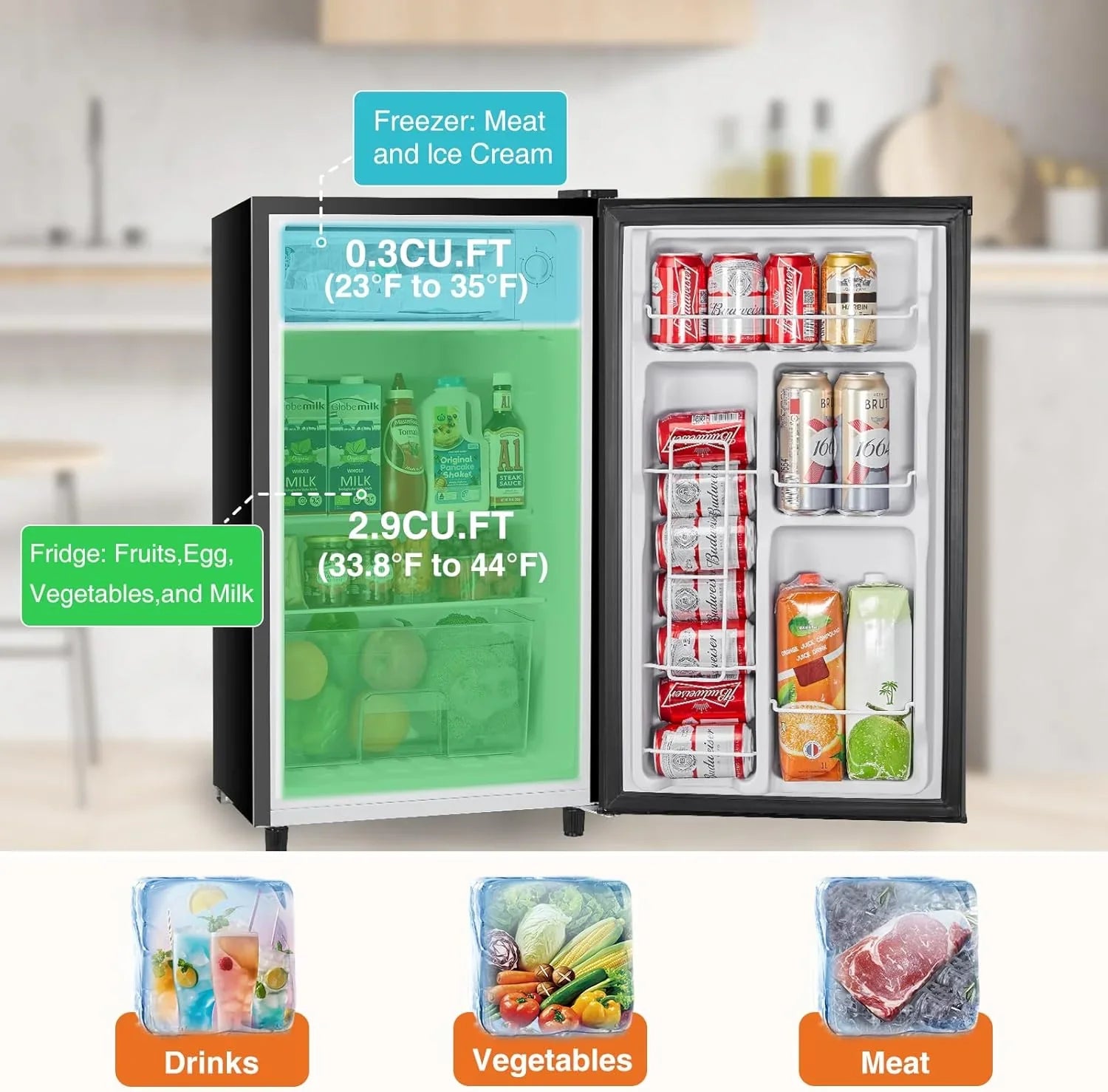 Mini-réfrigérateur Sweetcrispy de 3,2 pieds cubes avec congélateur, porte simple, thermostat réglable