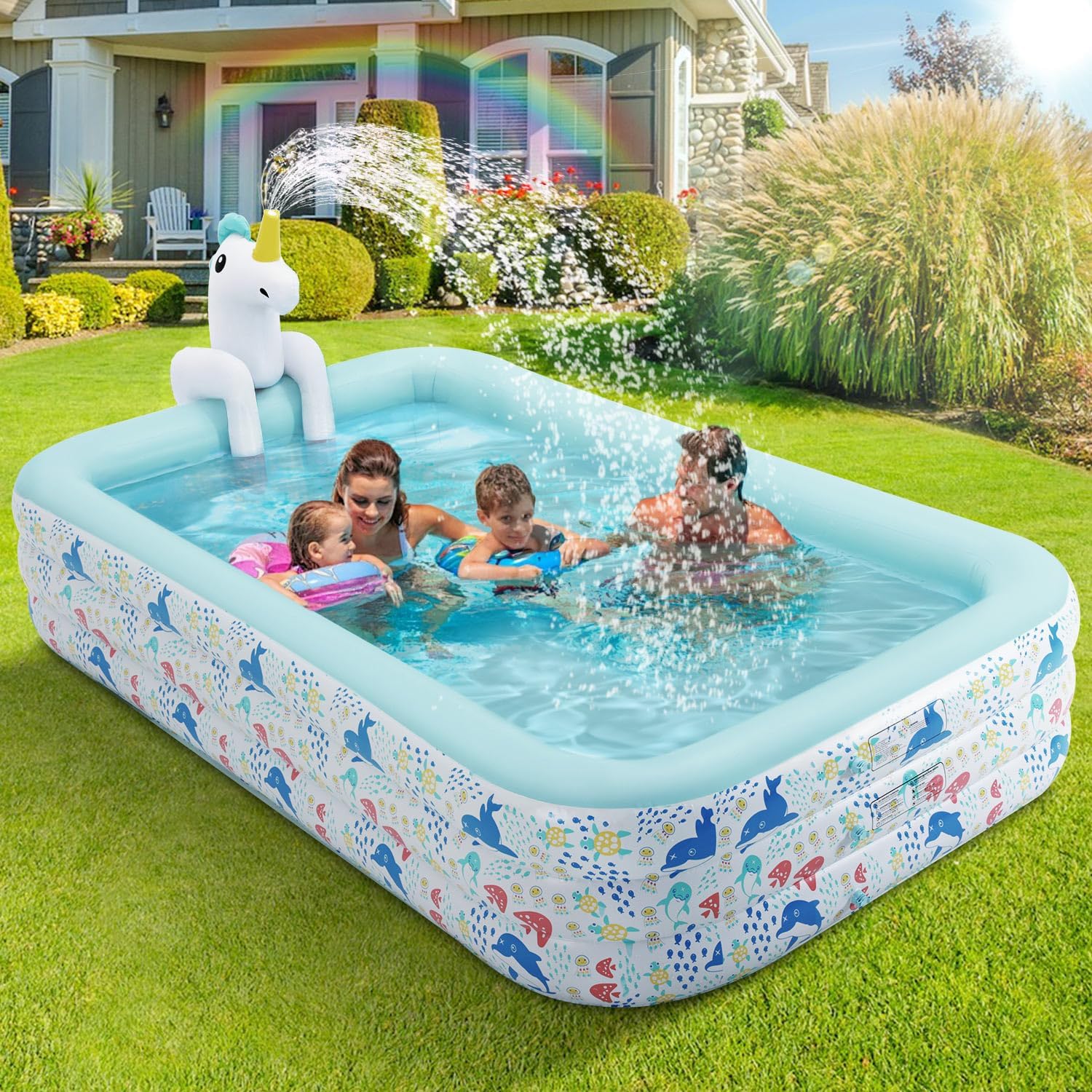 Piscine gonflable, grande piscine gonflable, piscine licorne pour enfants avec arroseur, piscine extra large épaissie