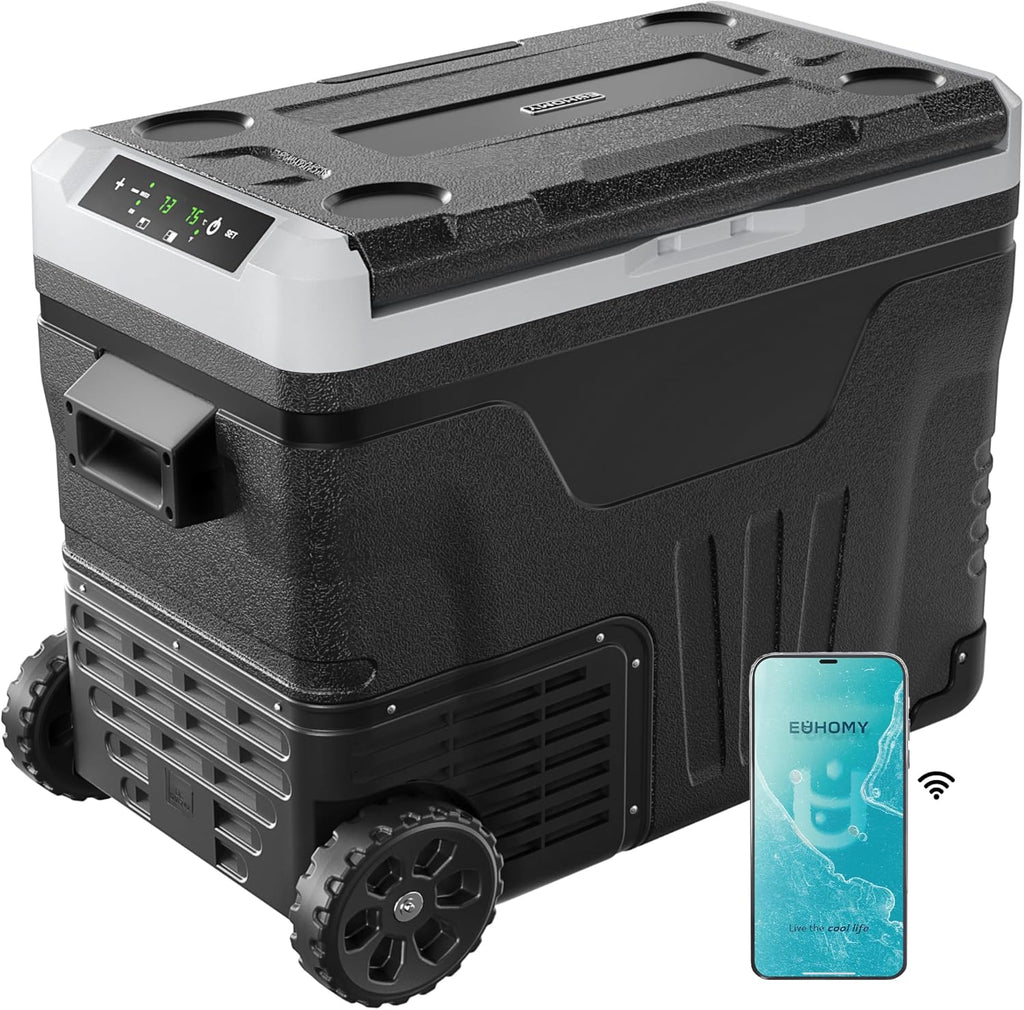 Réfrigérateur EUHOMY 12V, 53 qt (50 litres) Congélateur électrique Congélateur portable 12V Congélateur avec roulettes et 2 paniers