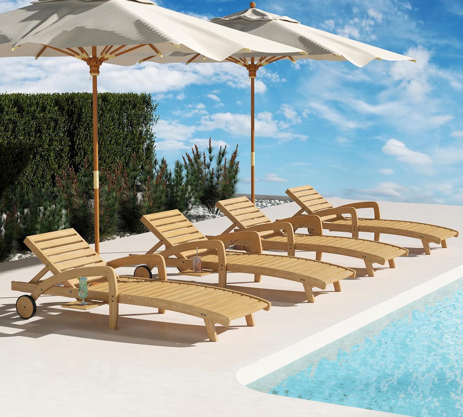 Chaise longue de piscine réglable à 5 positions Chaise longue en bois avec table d'appoint coulissante