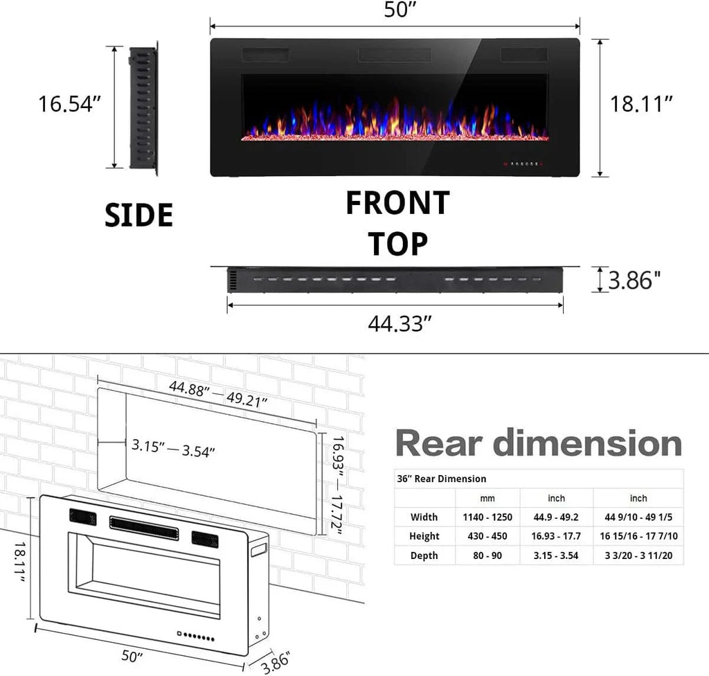Cheminée électrique encastrée et murale R.W.FLAME 60 po, silencieuse, compatible avec les montants de 2 x 6 po, télécommande avec minuterie, écran tactile, couleur et vitesse de flamme réglables, 750-1500 W