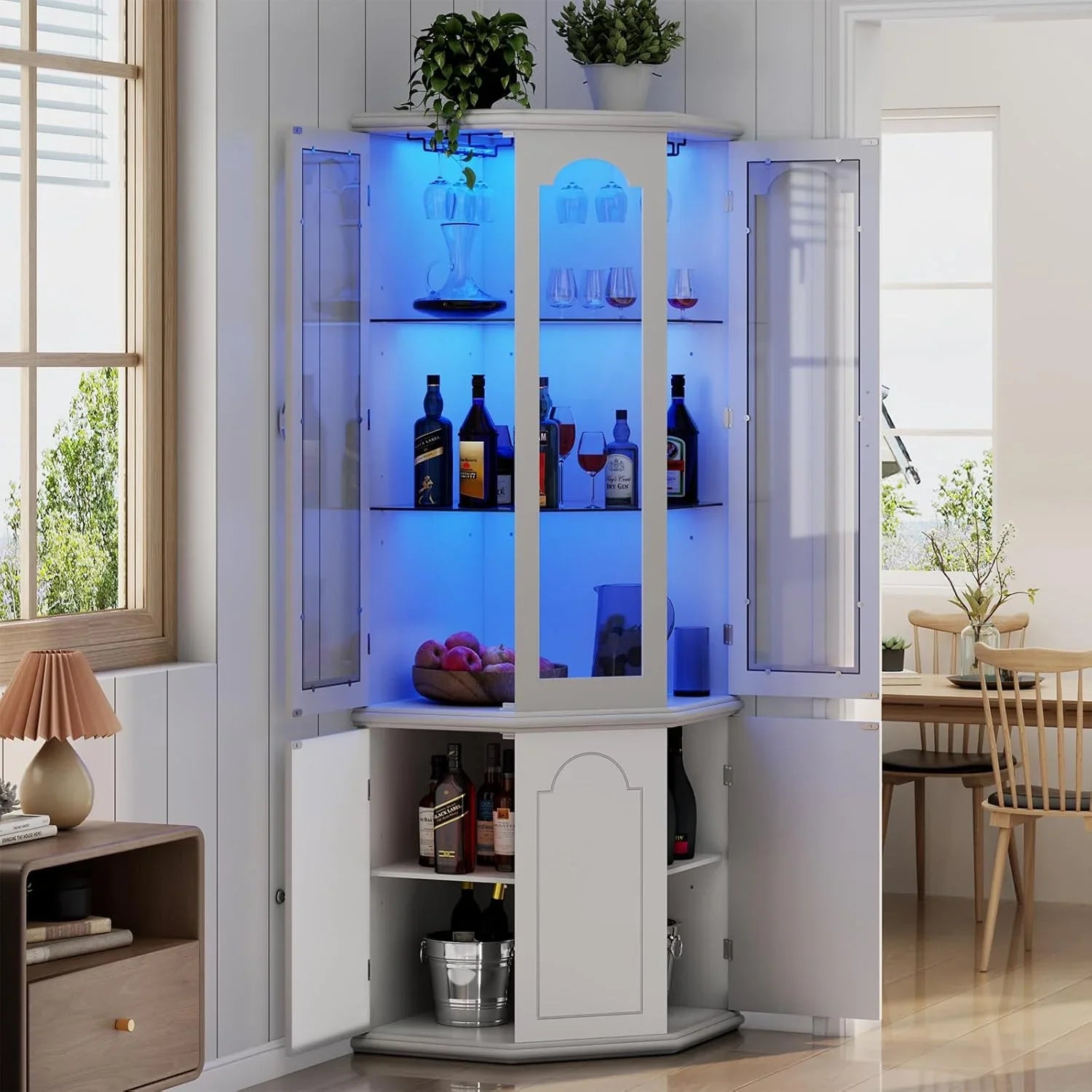 Armoire à vin d'angle avec éclairage LED, grande armoire à vin moderne, armoire de rangement à vin pour bar à domicile