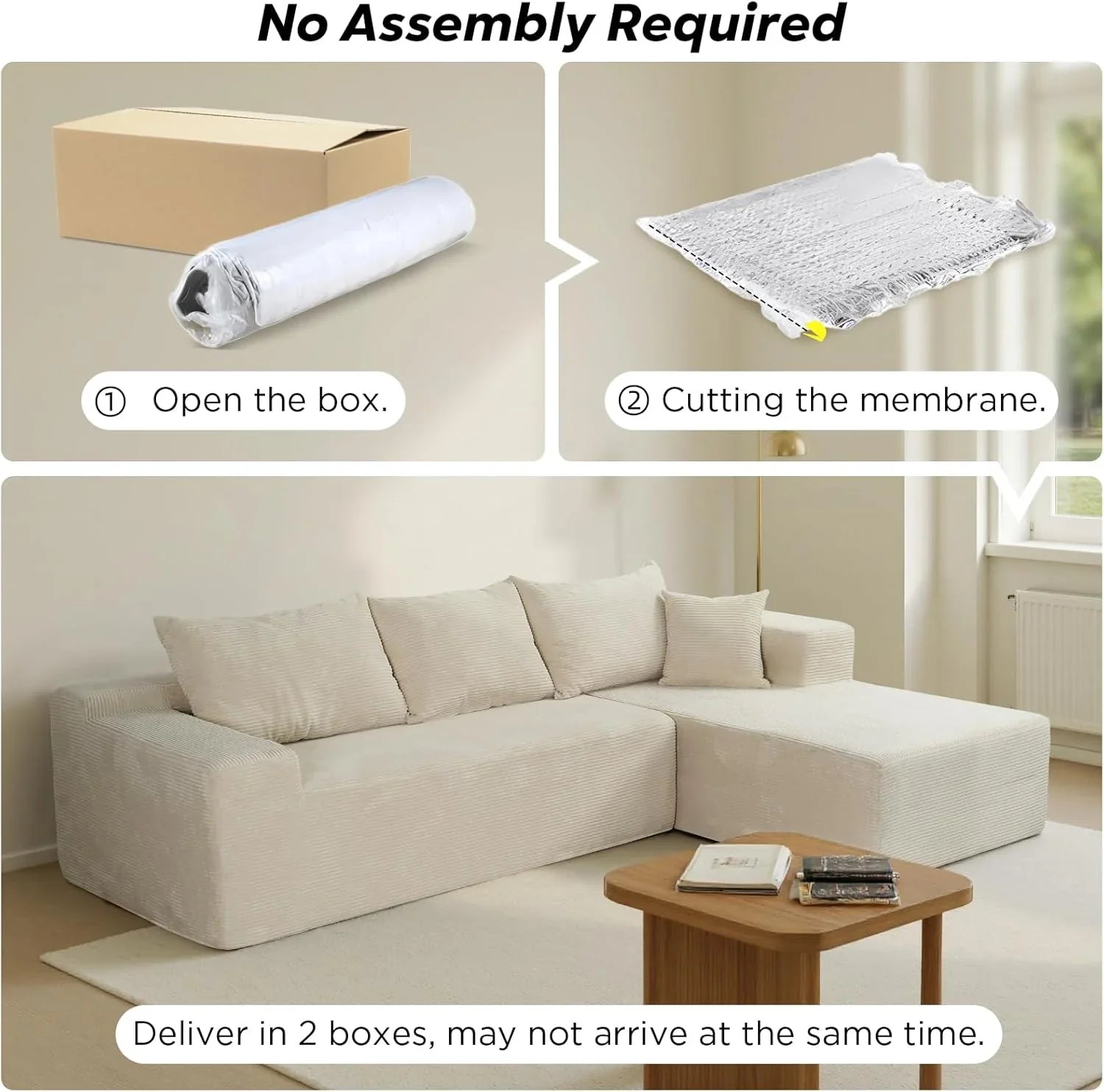 Cloud sofa with L-shaped lounge chair, modern modular sofa with deep seats