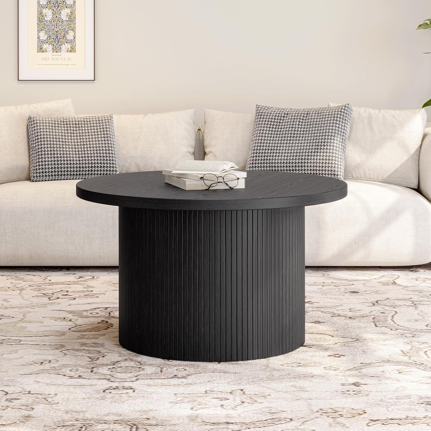 Table basse ronde de 31,5 pouces, table basse enroulable de salon, table basse en bois moderne du milieu du siècle