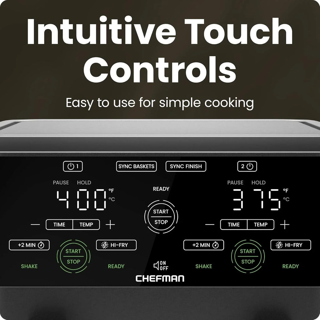 La friteuse à air à double panier Chefman de 6 pintes avec fenêtre Easy View utilise deux poêles antiadhésives séparées de 3 pintes.