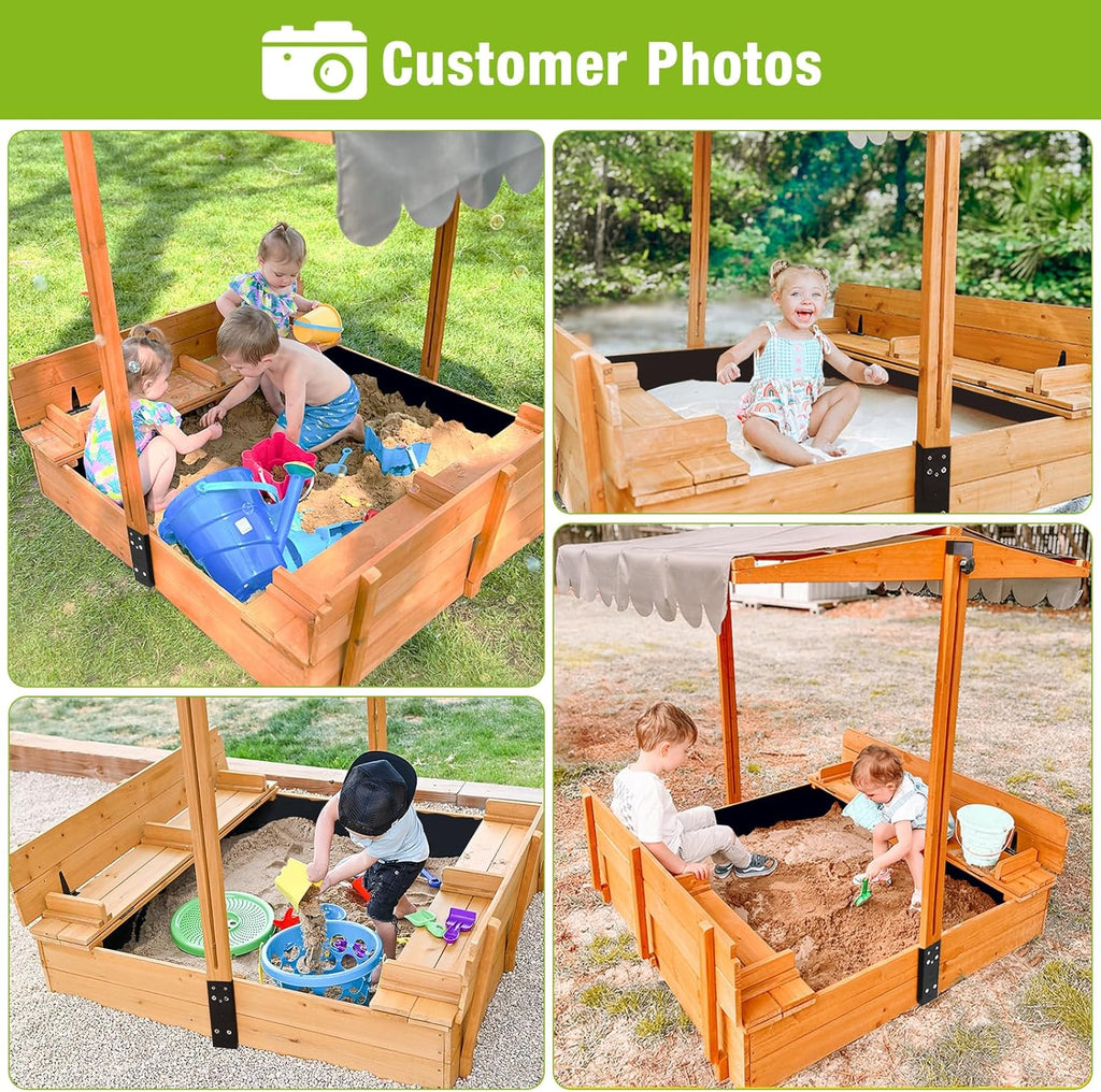 Bac à sable extérieur en bois pour enfants avec auvent, 2 bancs pliants, toit rétractable et pare-sable