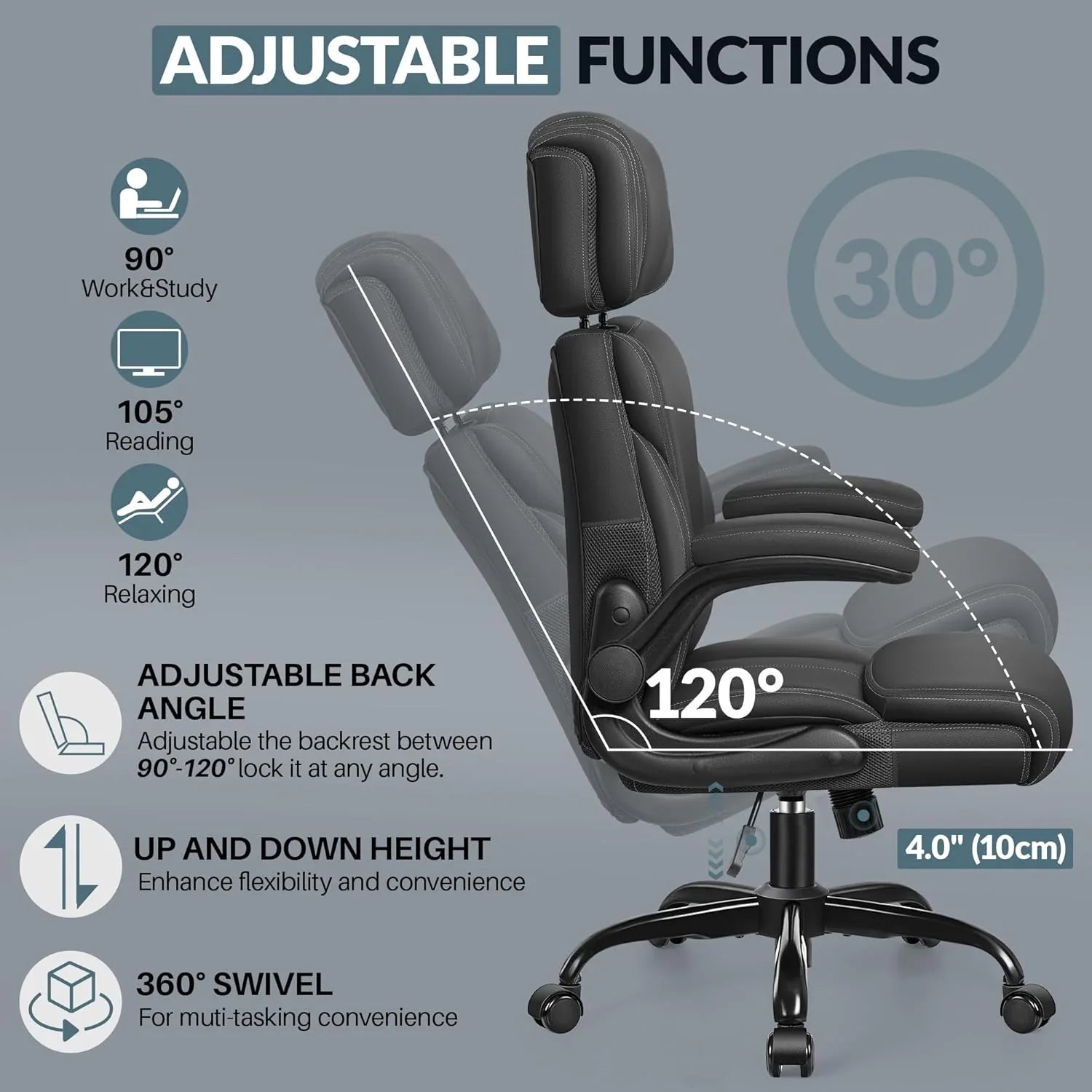 Chaise de bureau pivotante à pieds hauts, en cuir respirant, avec support lombaire