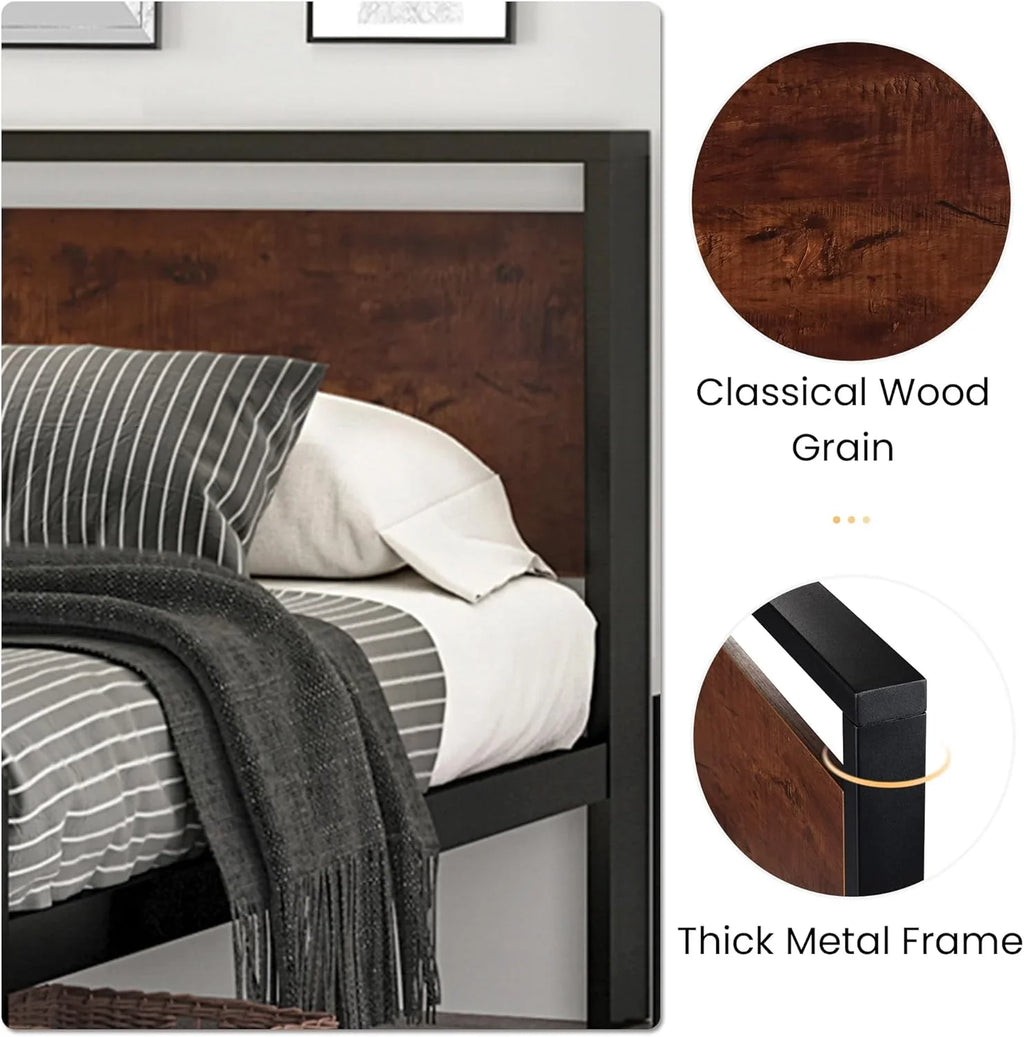 Cadre de lit plateforme en métal Sha Cerlin 14 pouces, antidérapant et silencieux, acajou