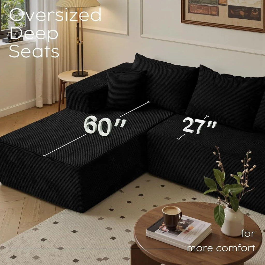 Cloud sofa with L-shaped lounge chair, modern modular sofa with deep seats