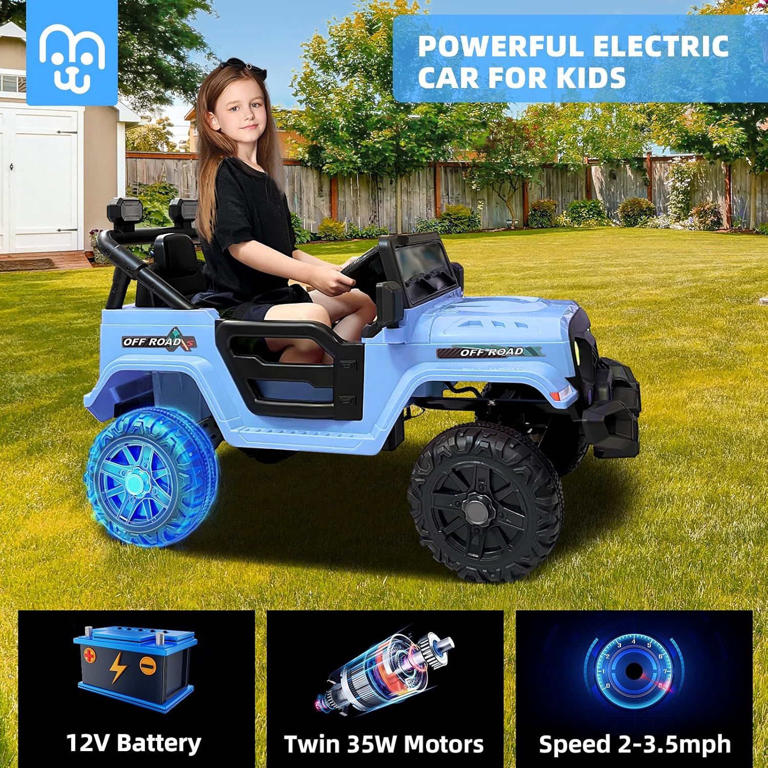 Voiture électrique 12 V pour enfants, camion télécommandé, deux moteurs 35 W