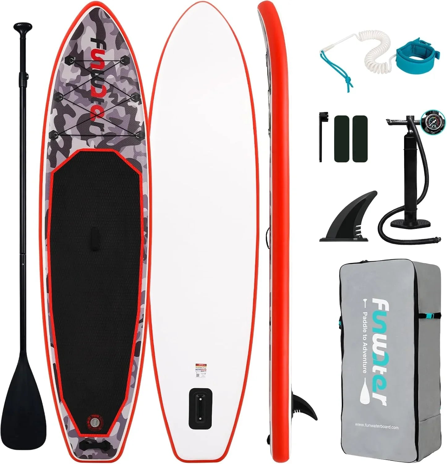 Planche de stand up paddle gonflable FunWater avec accessoires de pagaie SUP haut de gamme, pont EVA antidérapant, pagaie 11'/10'6'