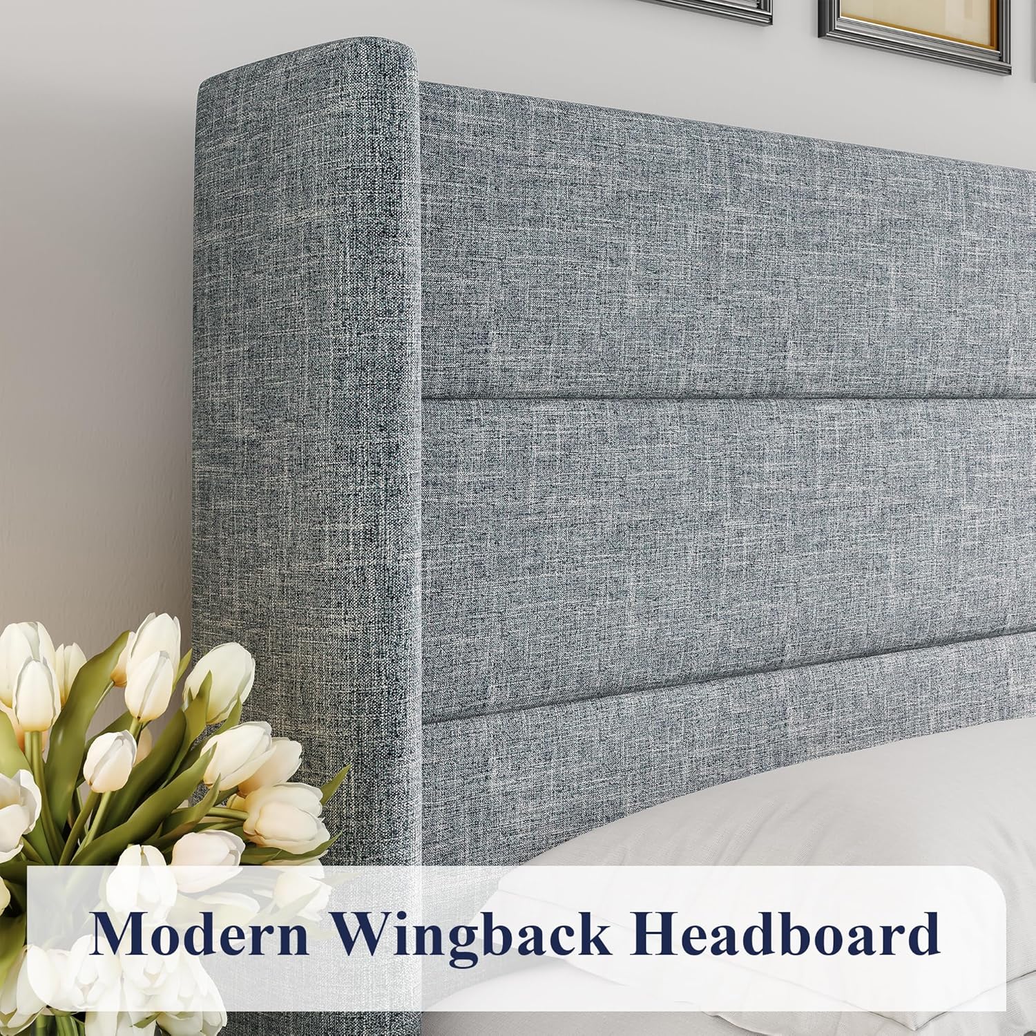 Lit queen-size relevable avec rangement Allewie, tête de lit à oreilles moderne et support hydraulique